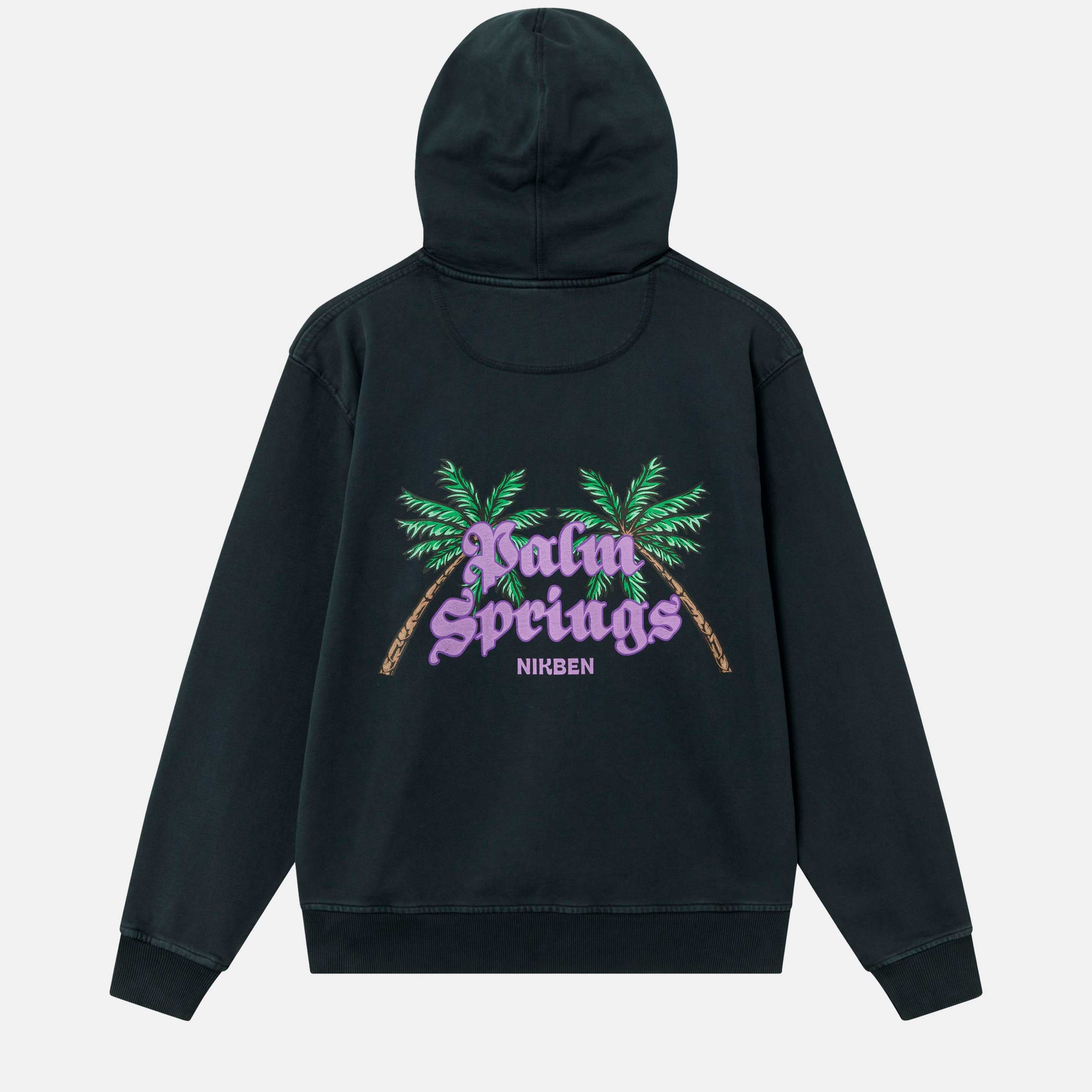 Back view of black unisex hoodie with palms and purple text back print.