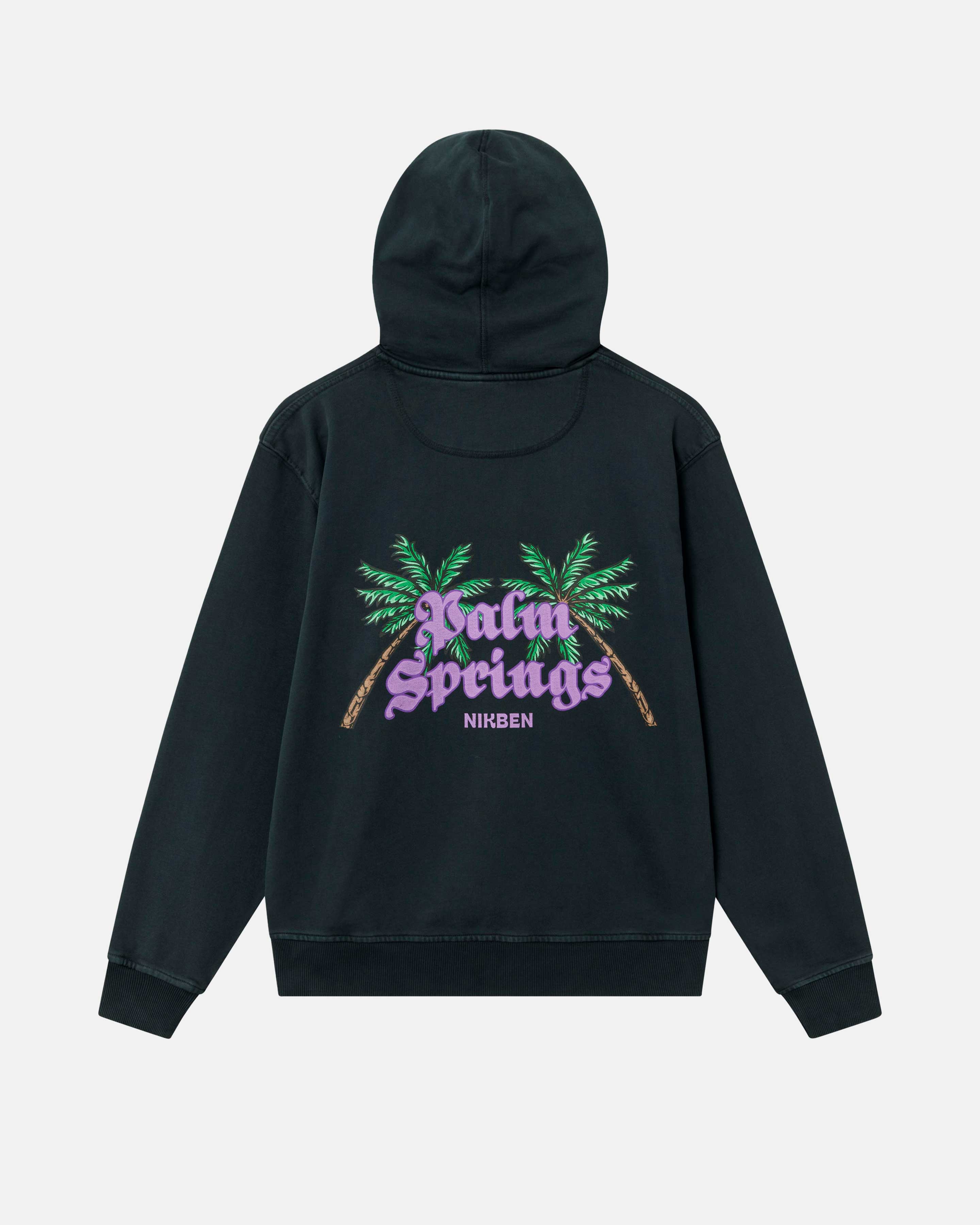 Back view of black unisex hoodie with palms and purple text back print.