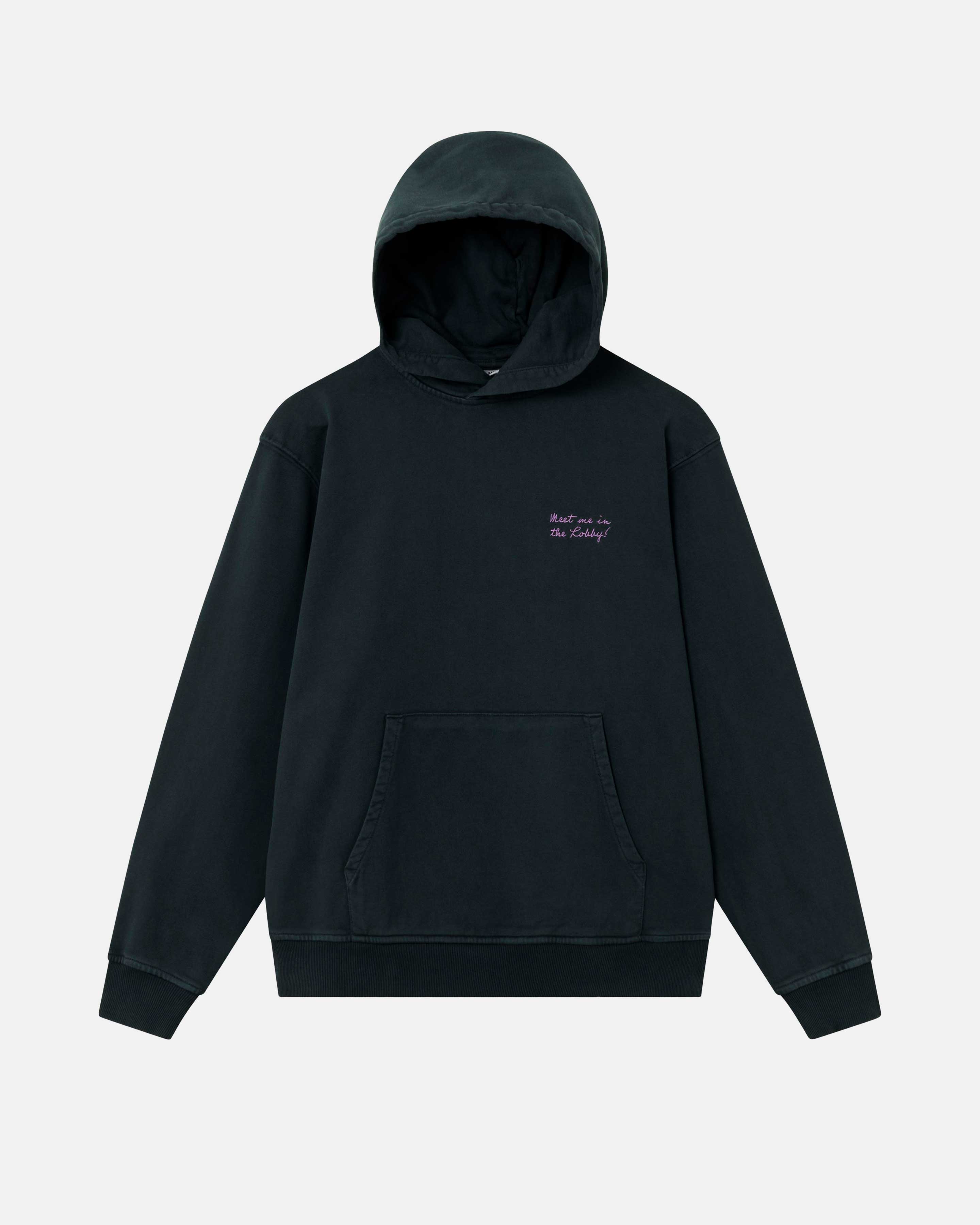 Washed black hoodie with a single front pocket and a stitched purple 'Meet me in the lobby' print on the chest.