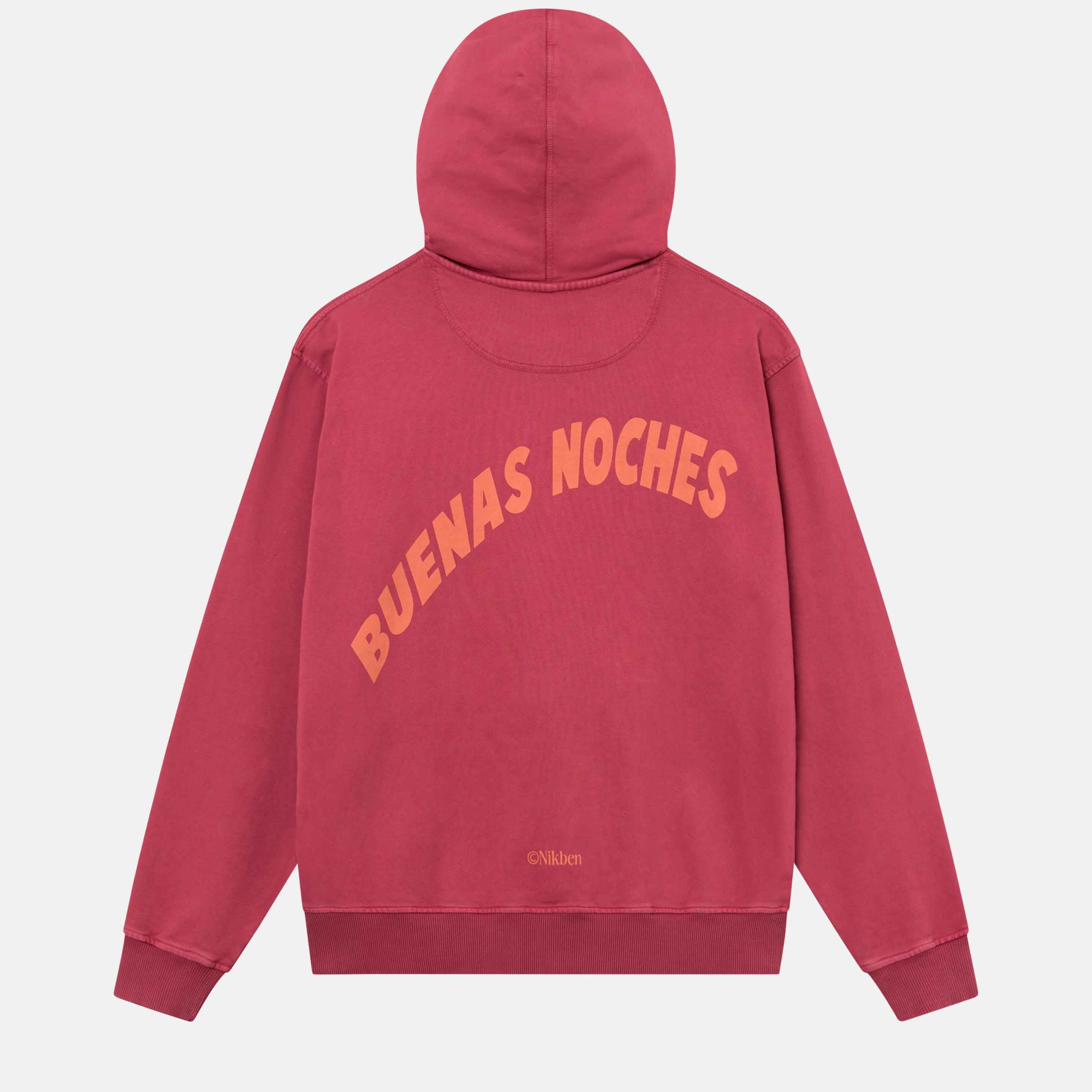 A burgundy hoodie with a large orange "buenas noches" back print