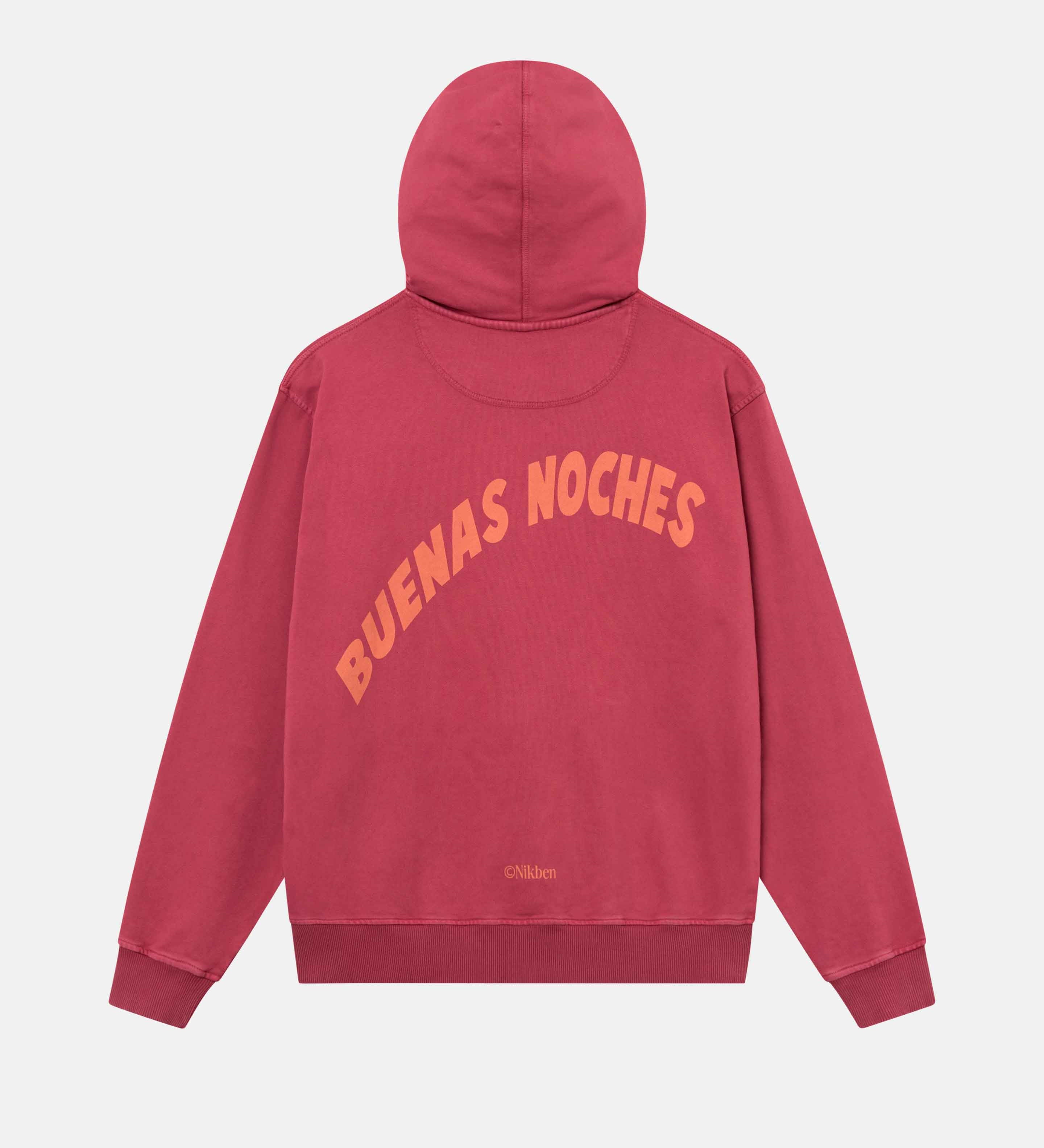 A burgundy hoodie with a large orange "buenas noches" back print