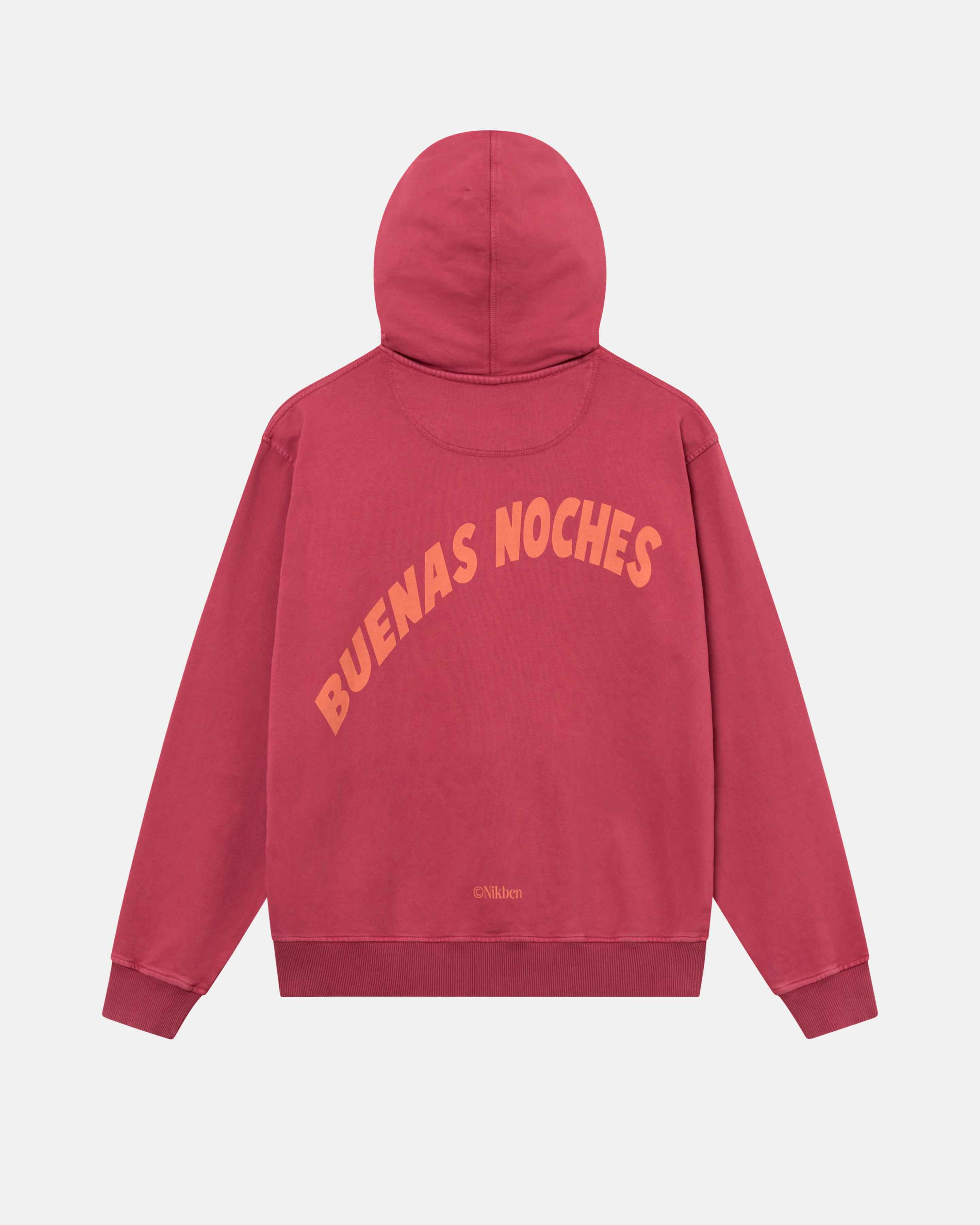 A burgundy hoodie with a large orange 