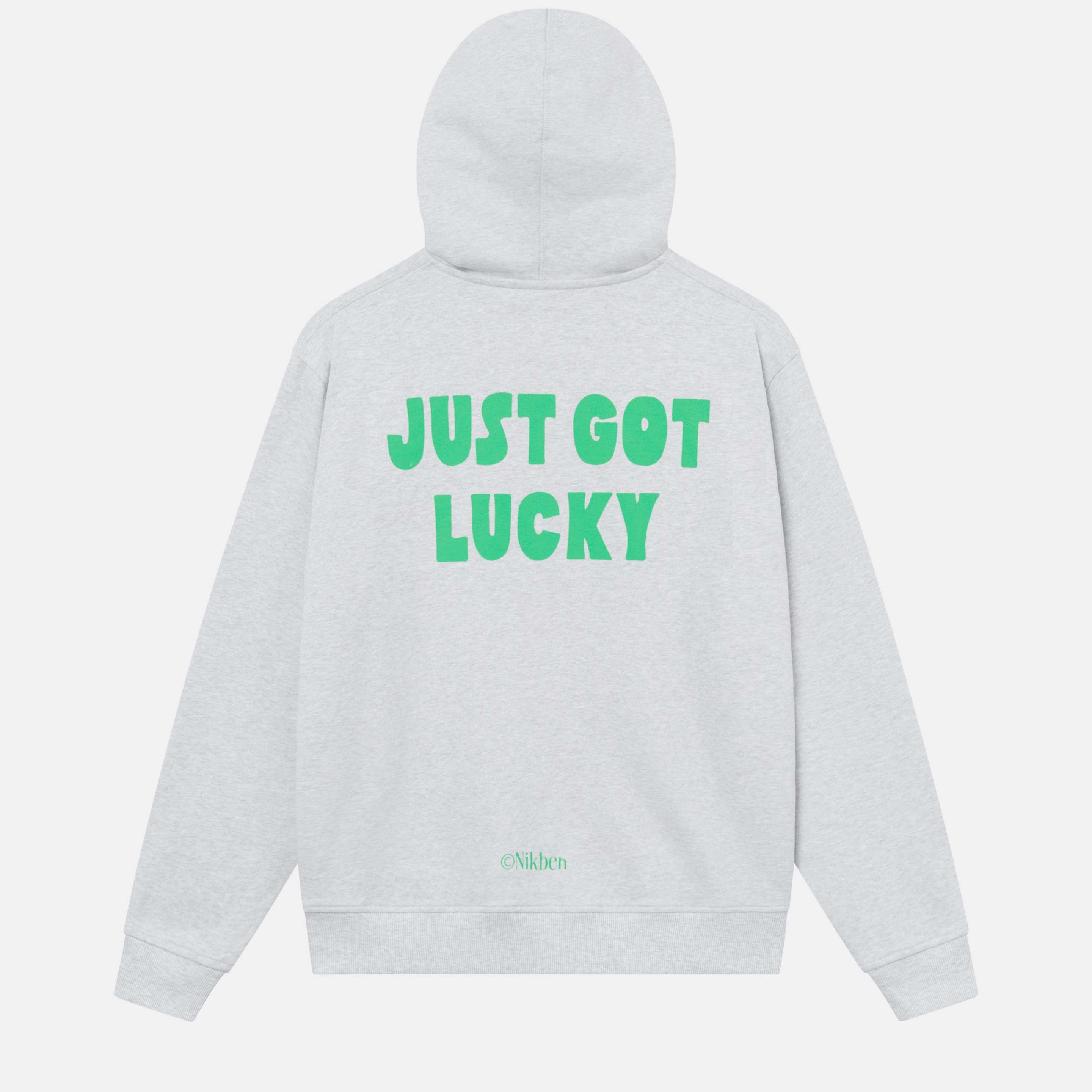 Grey hoodie with a large green "Just got lucky" text print on its back