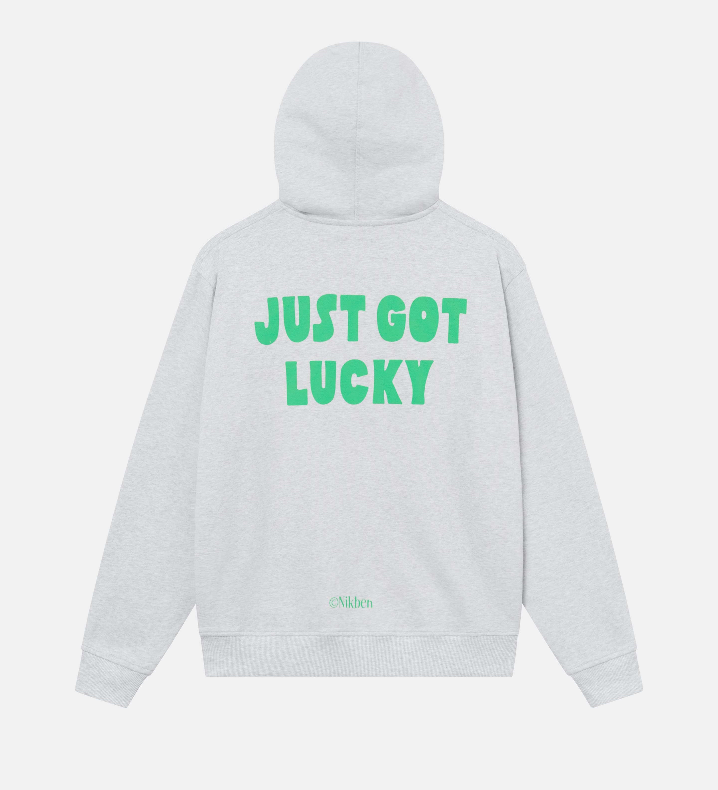 Grey hoodie with a large green "Just got lucky" text print on its back