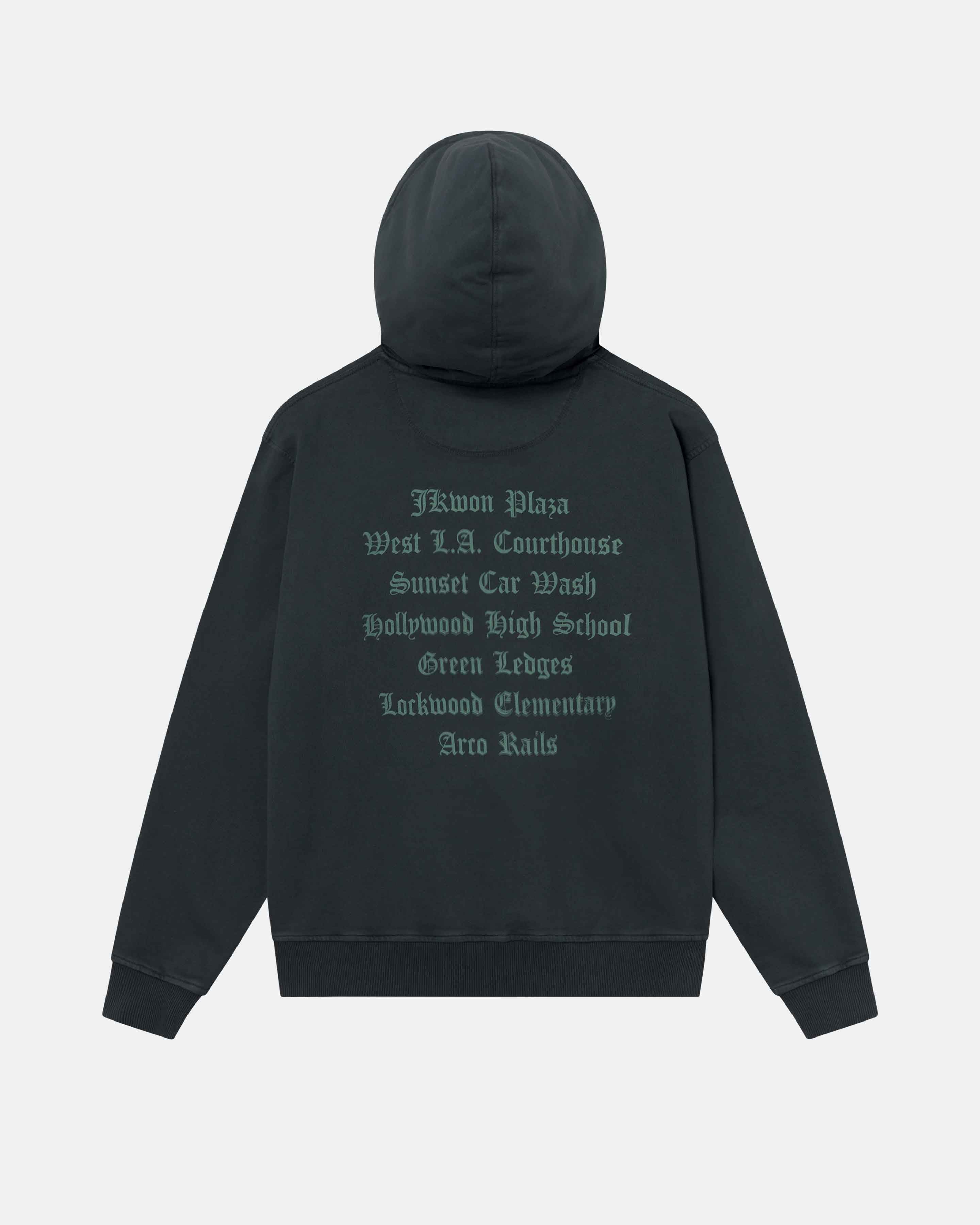 A black hoodie with a large green text print on its back