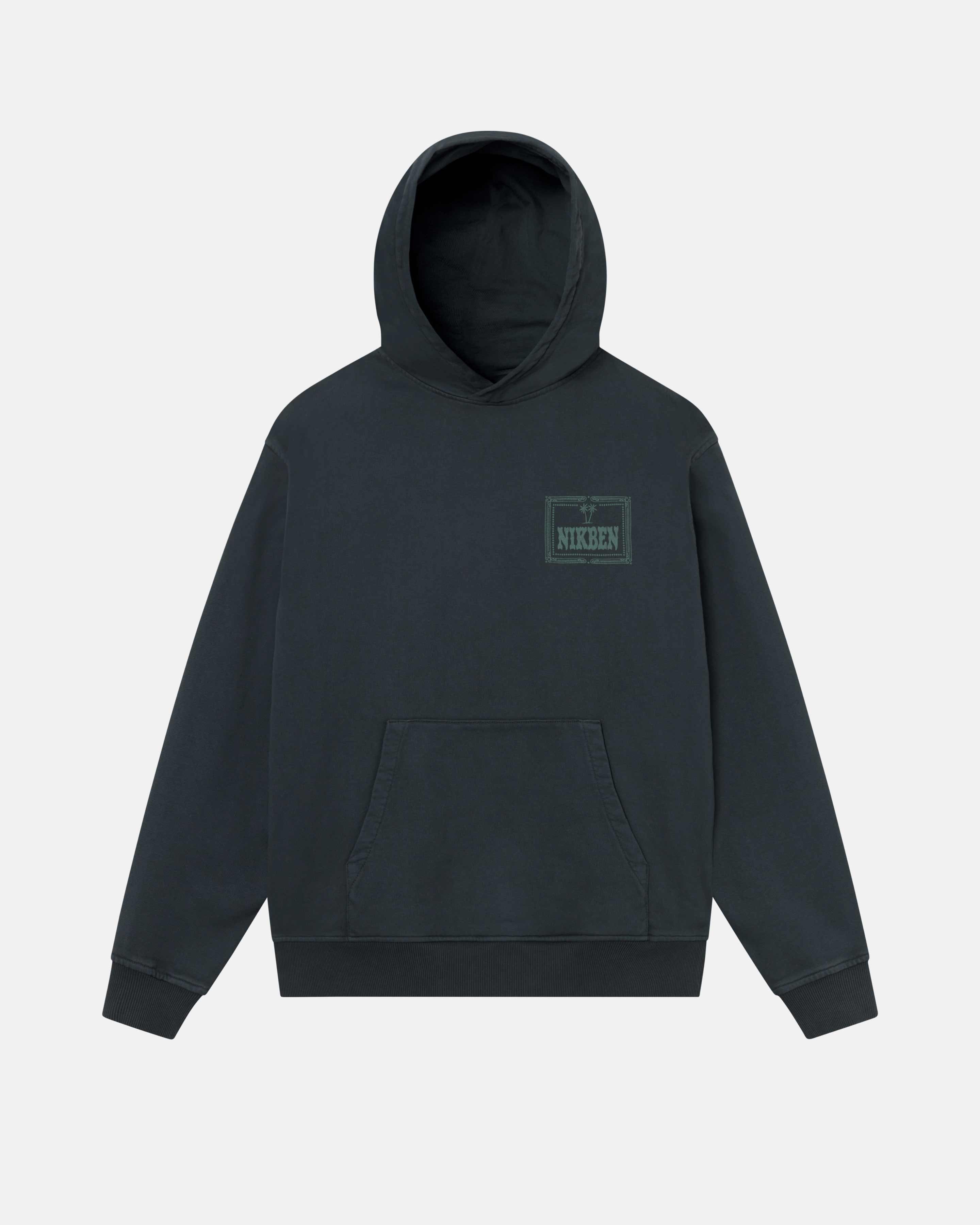 A black hoodie with a green Nikben chest logo