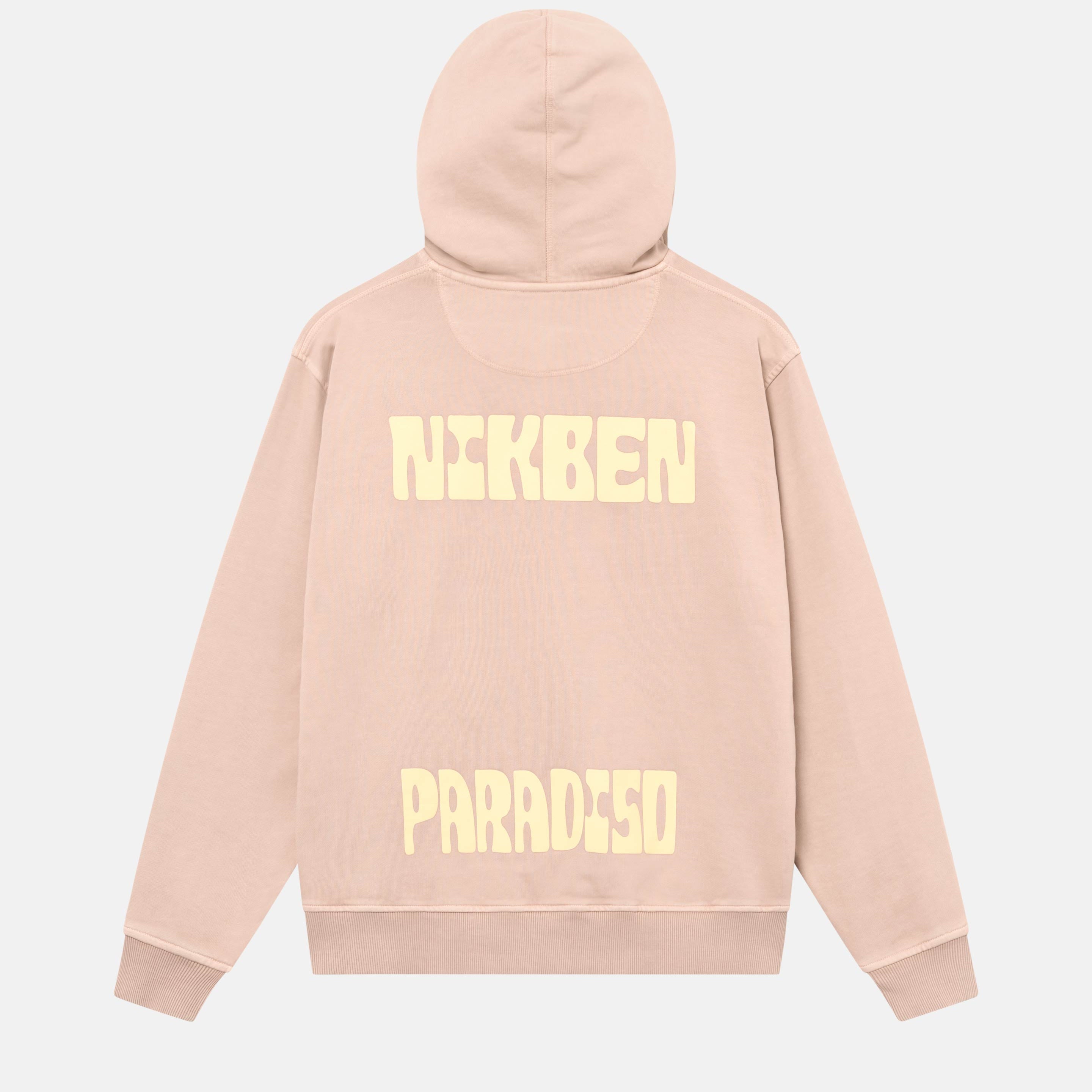 Brown hoodie with a large yellow "Nikben Paradiso" text print on its back