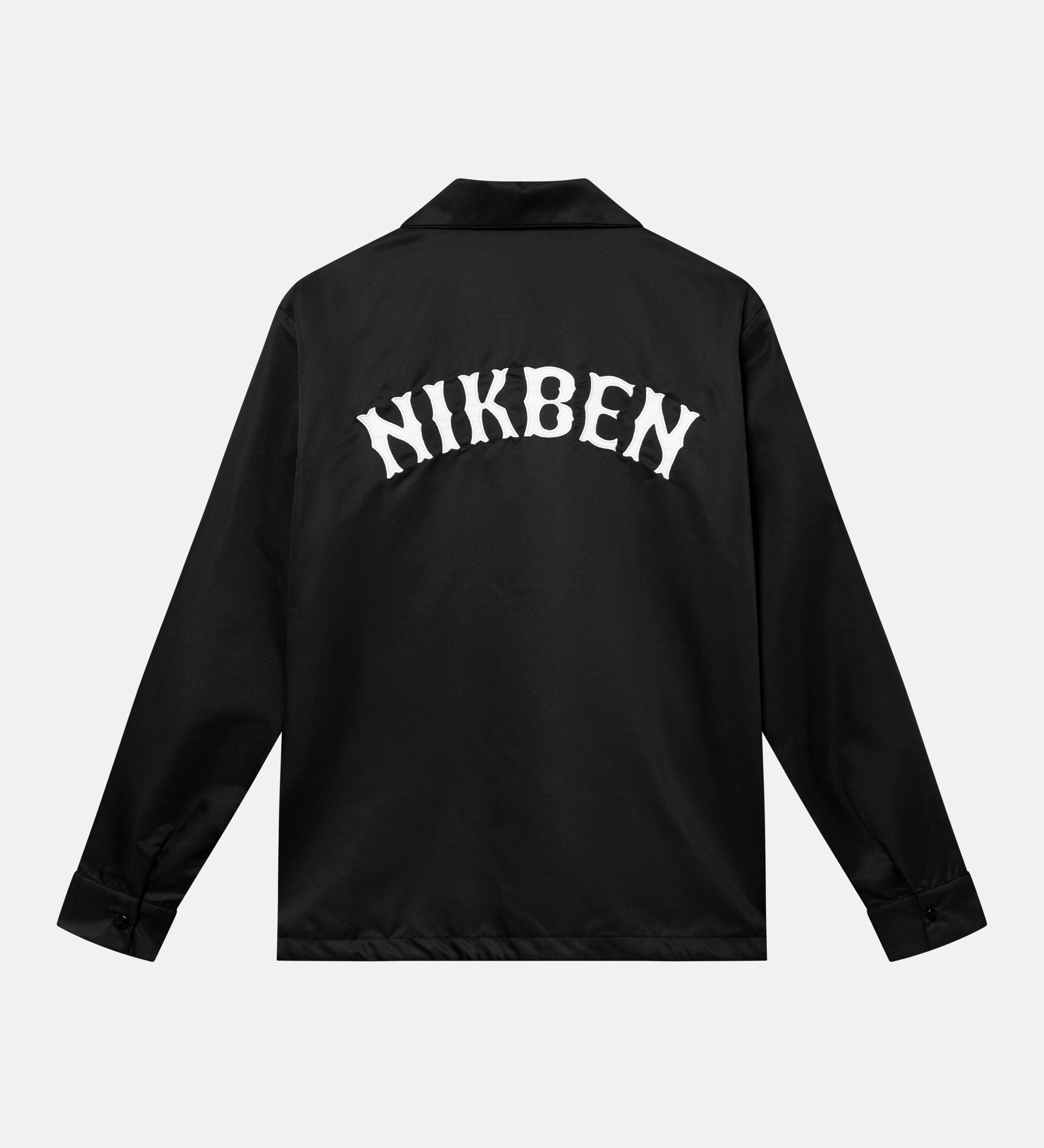 Black coach jacket with emboridered "Nikben" logo on the back