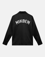 Black coach jacket with emboridered "Nikben" logo on the back