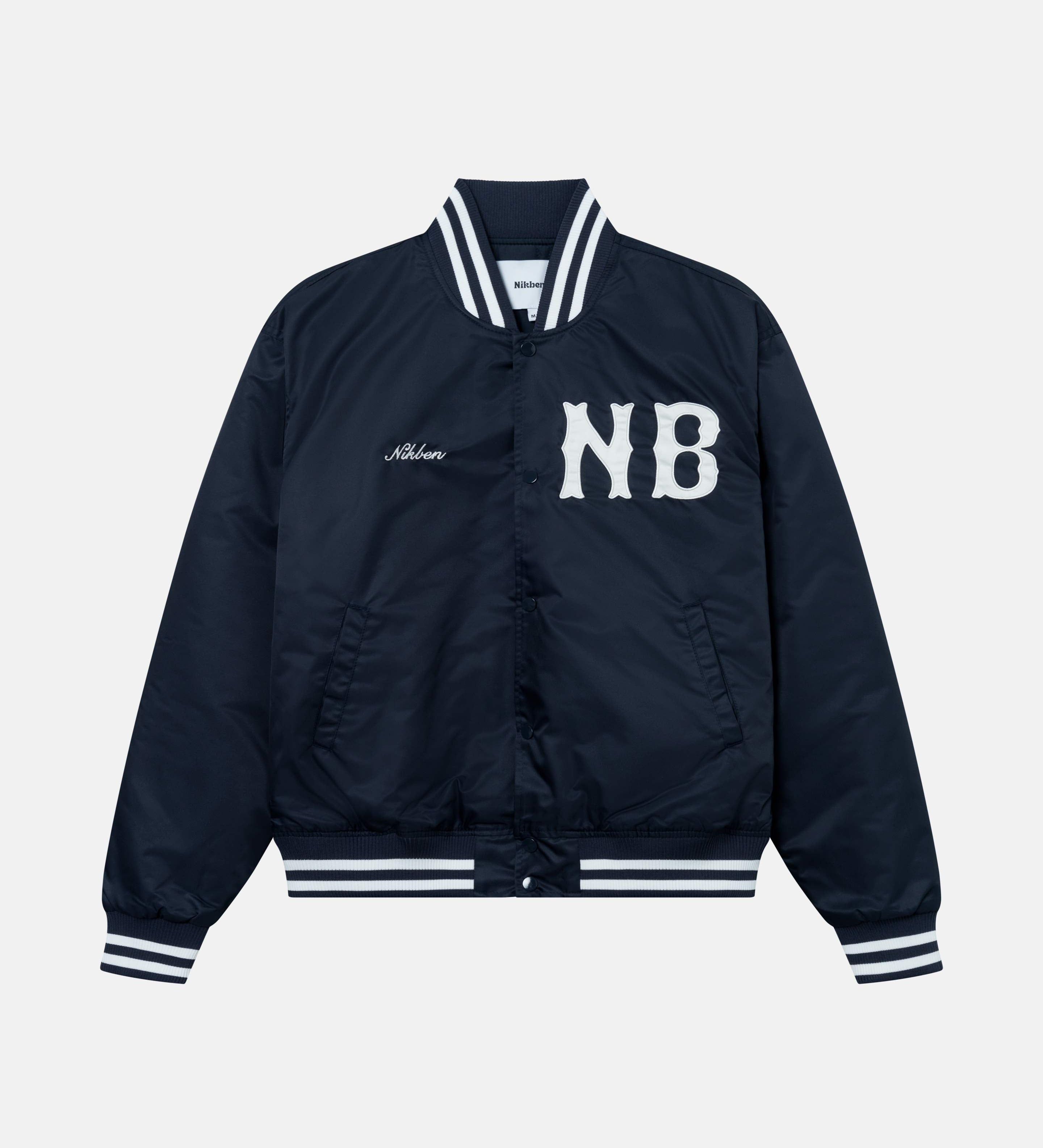 Navy Blue 80s style baseball jacket with embroidered "Nikben" script logo and "NB" logo