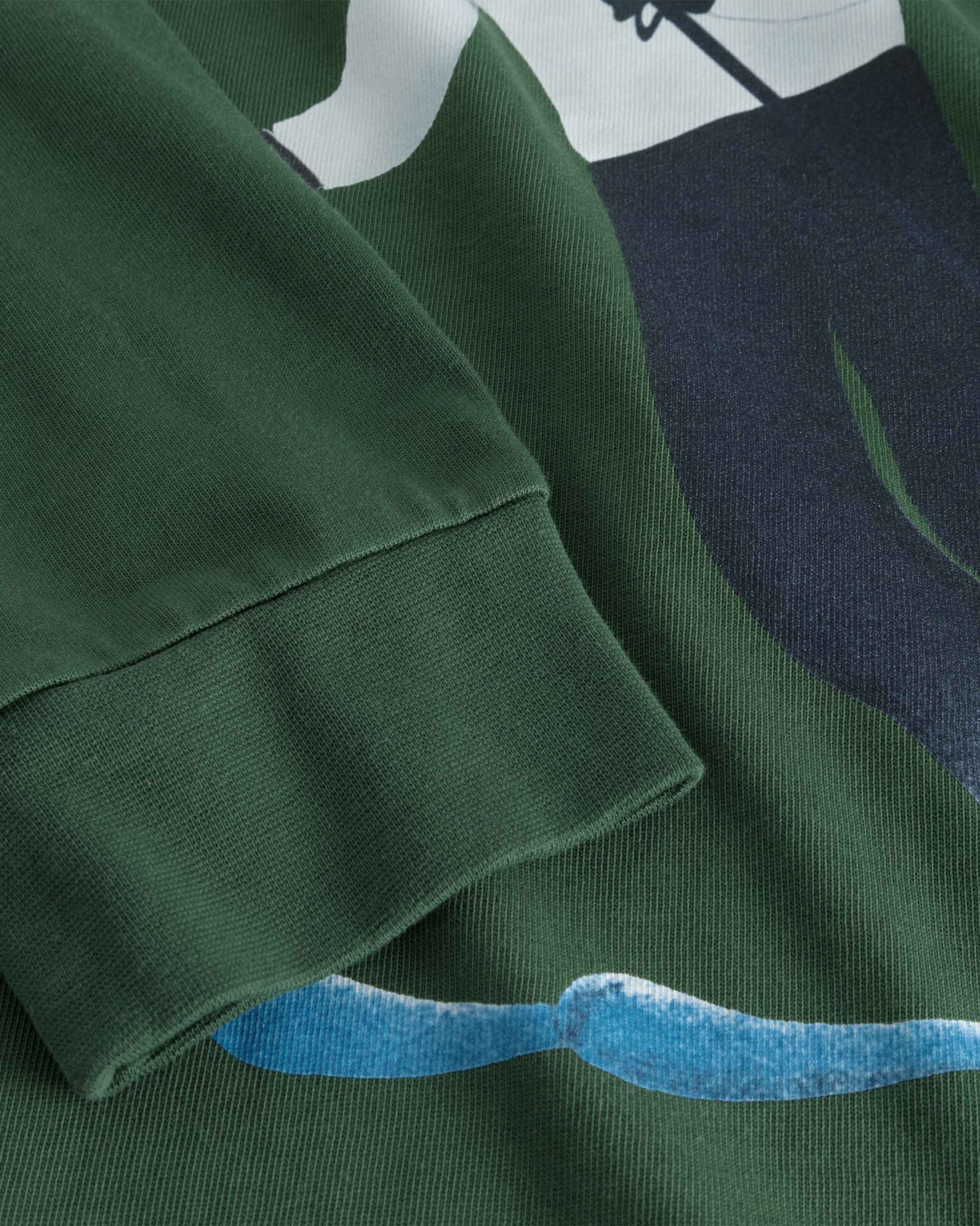 Close-up of sleeve and stitching on green T-shirt