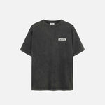 Washed black t-shirt with white logo on the chest.