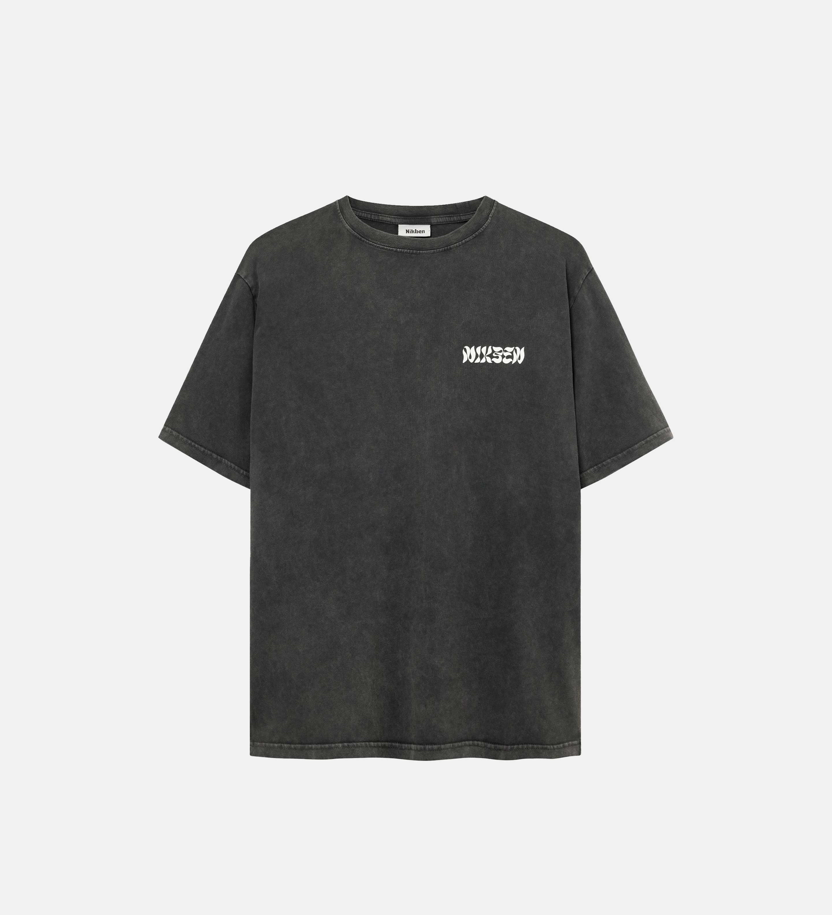 Washed black t-shirt with white logo on the chest.