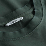 Close-up of round neck and stitching on washed green T-shirt