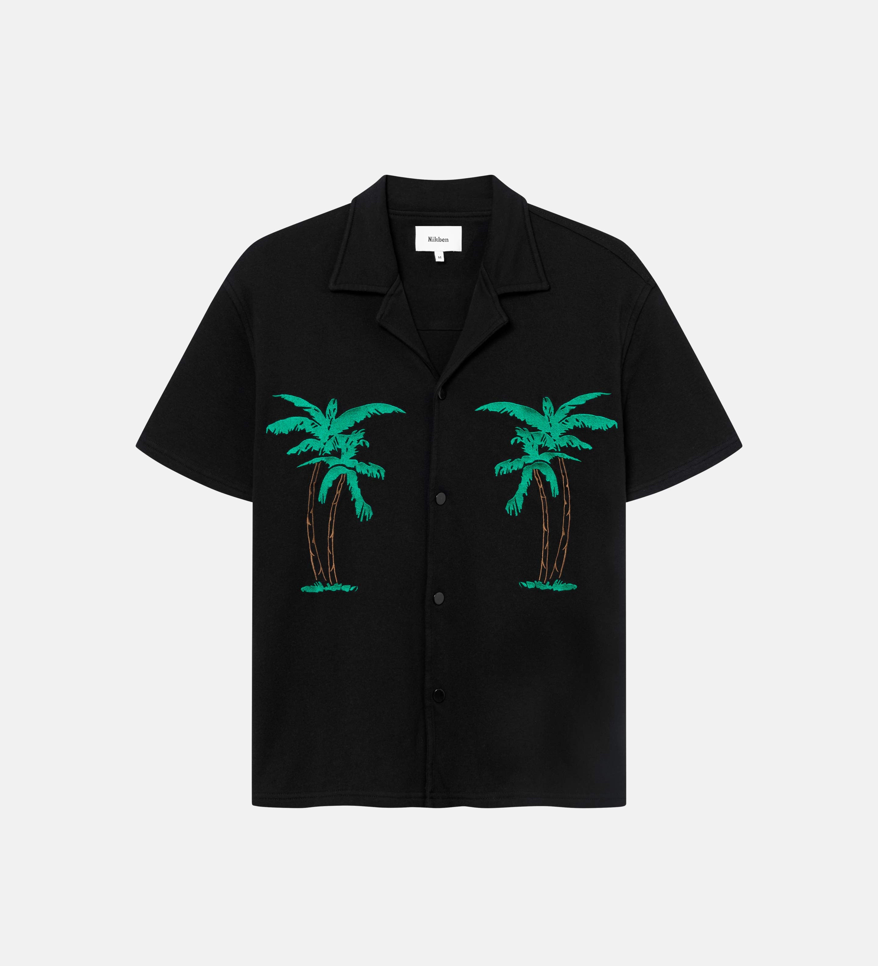 Black short-sleeved shirt with palm tree embroidery