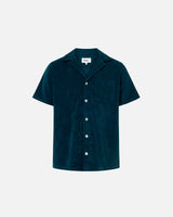 Navy blue short sleeve shirt with white button closure and one chest pocket