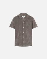 Dark grey short sleeve shirt with white button closure and one chest pocket