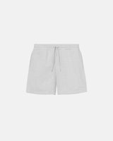 Grey sweatshorts with elastic drawstrings and an embroidered script logo on the front leg