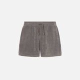 Grey mid length shorts in terry toweling fabric with drawdtring and two side pockets.
