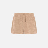 Light brown mid length shorts in terry toweling fabric with drawdtring and two side pockets.