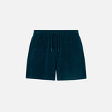 Navy blue mid length shorts in terry toweling fabric with drawdtring and two side pockets.