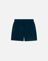 Navy blue mid length shorts in terry toweling fabric with drawdtring and two side pockets.