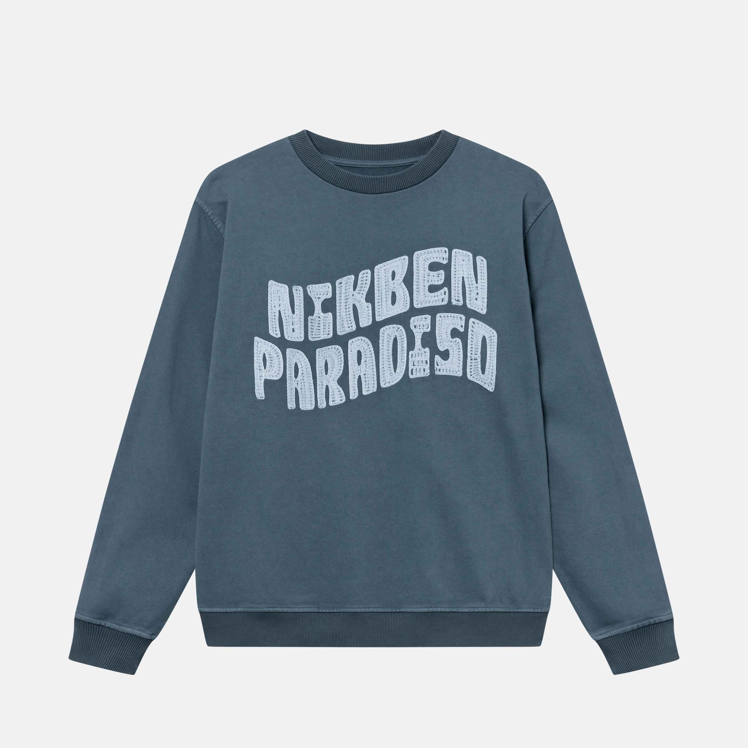 An anthracite sweatshirt with a "Nikben Paradiso" embroidery on its chest