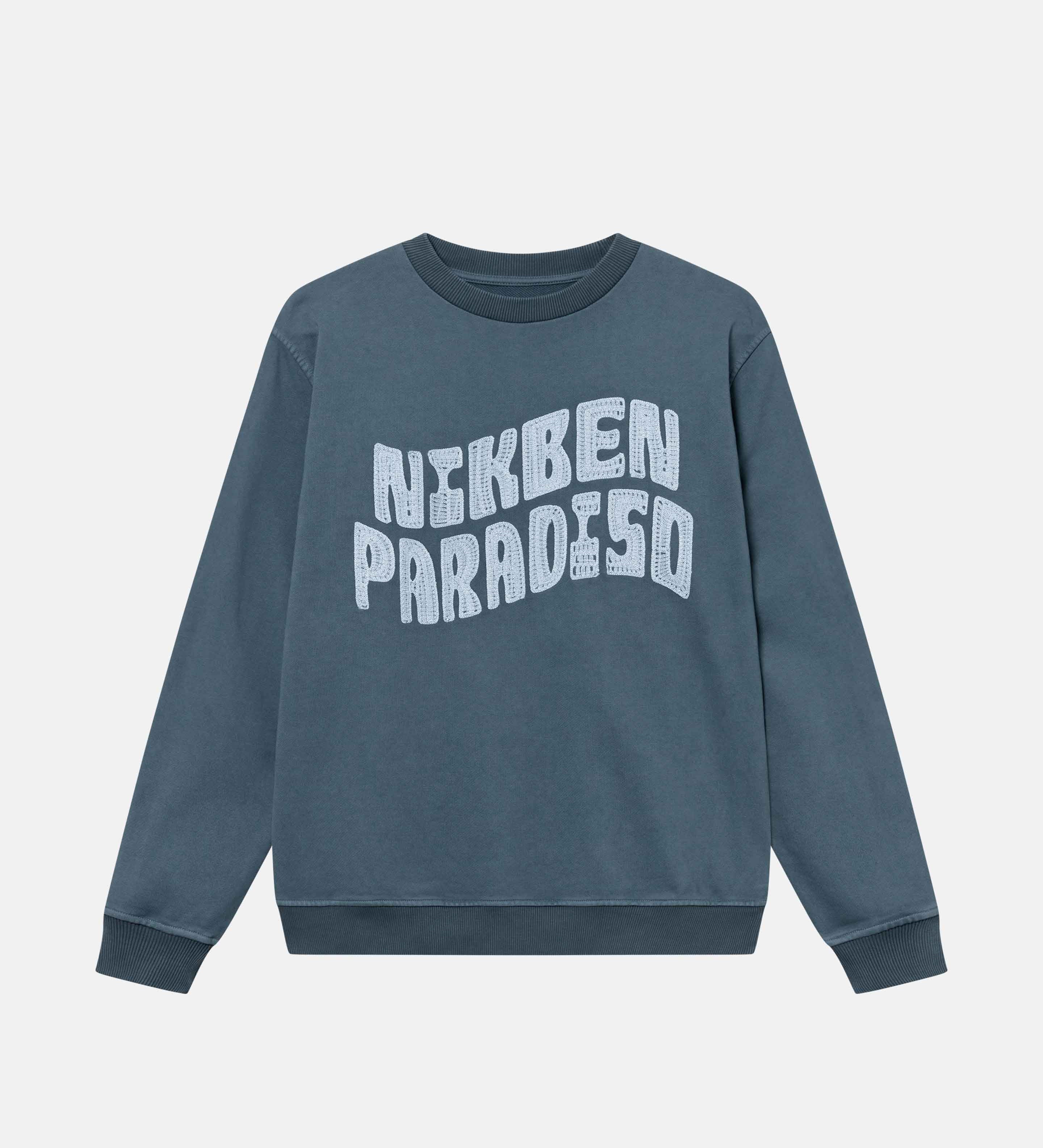 An anthracite sweatshirt with a "Nikben Paradiso" embroidery on its chest