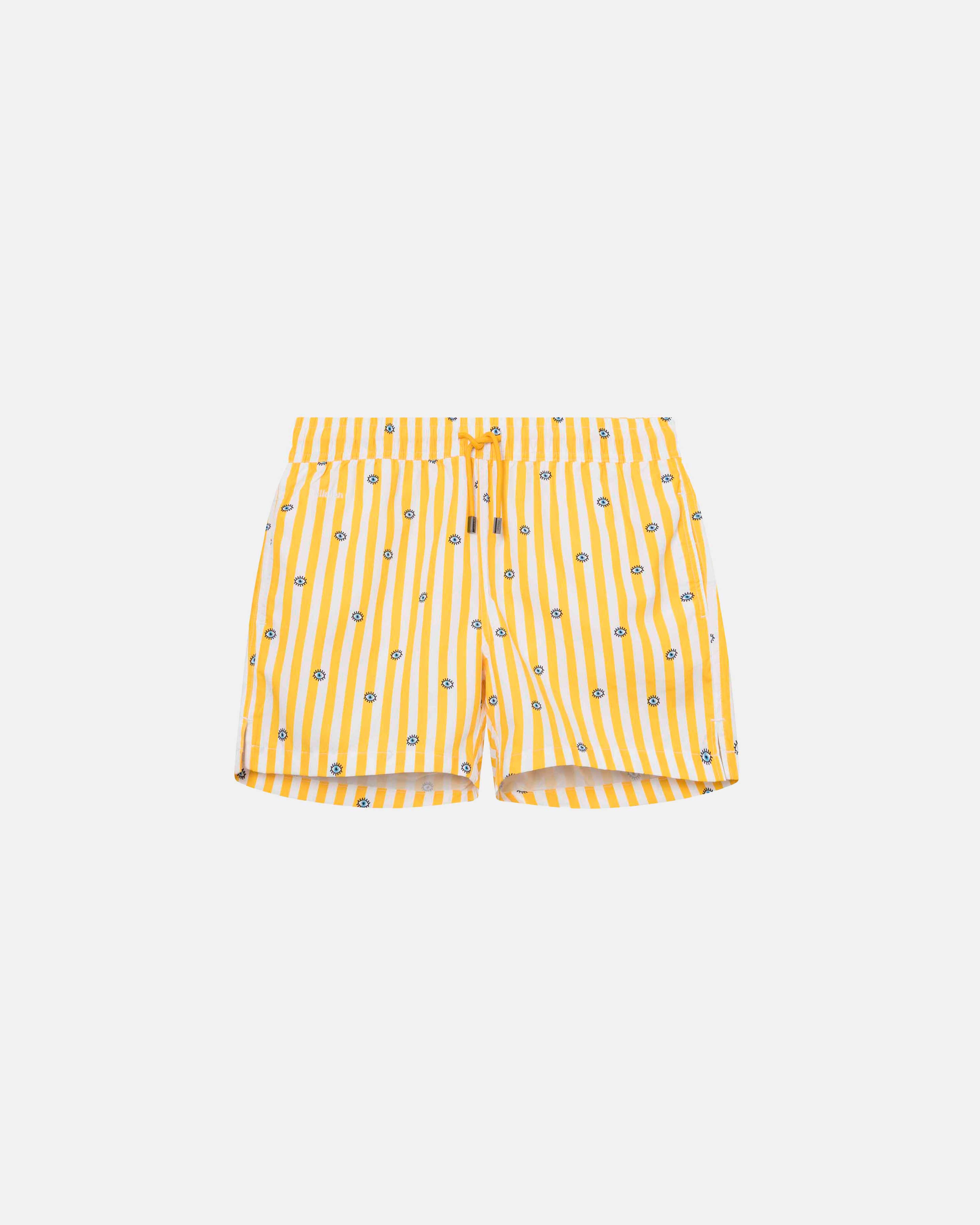 Yellow and white striped swim trunks. Mid length with drawstring and two side pockets.