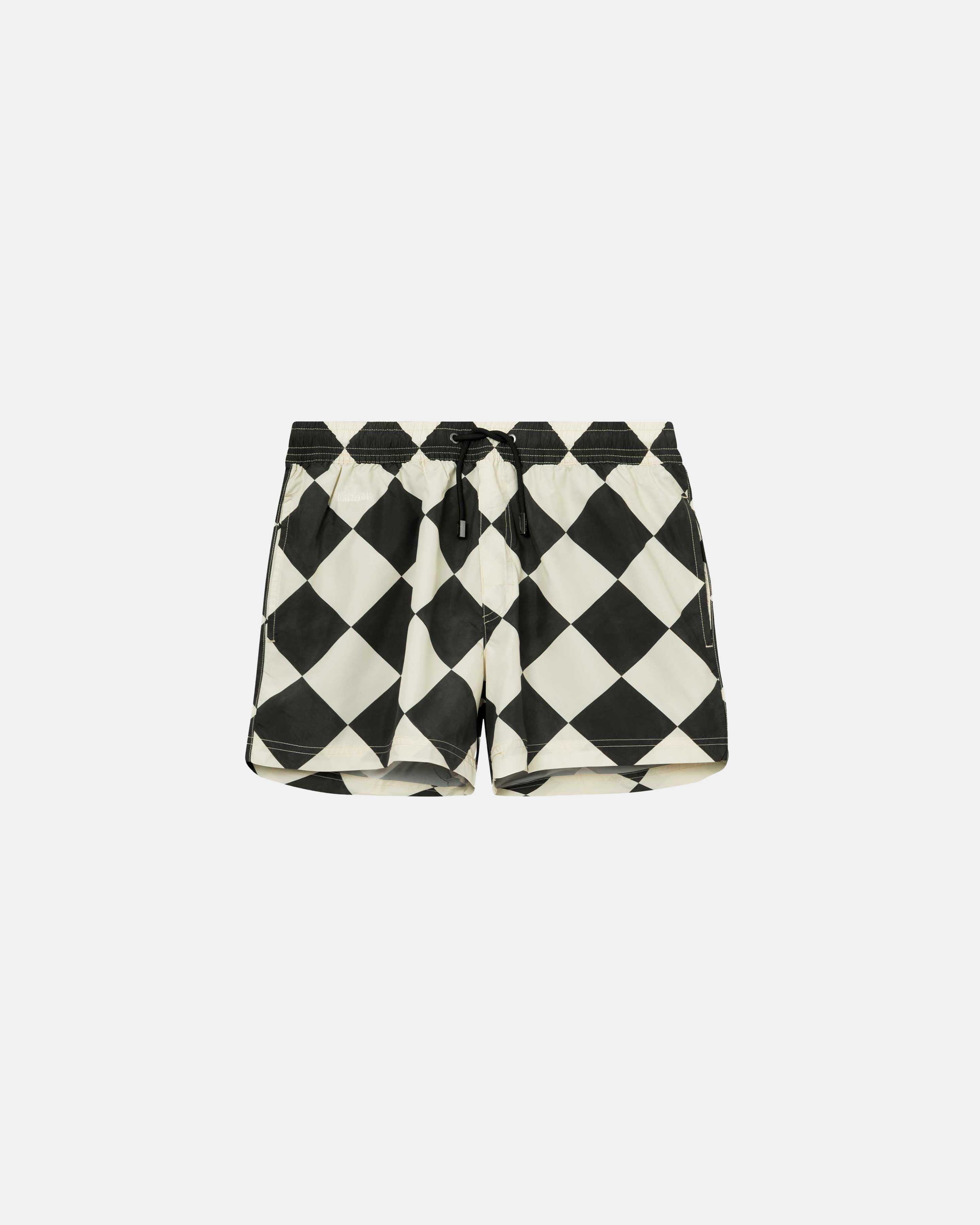 Black and white patterned swimming trunks. Mid length with drawstring and two side pockets.