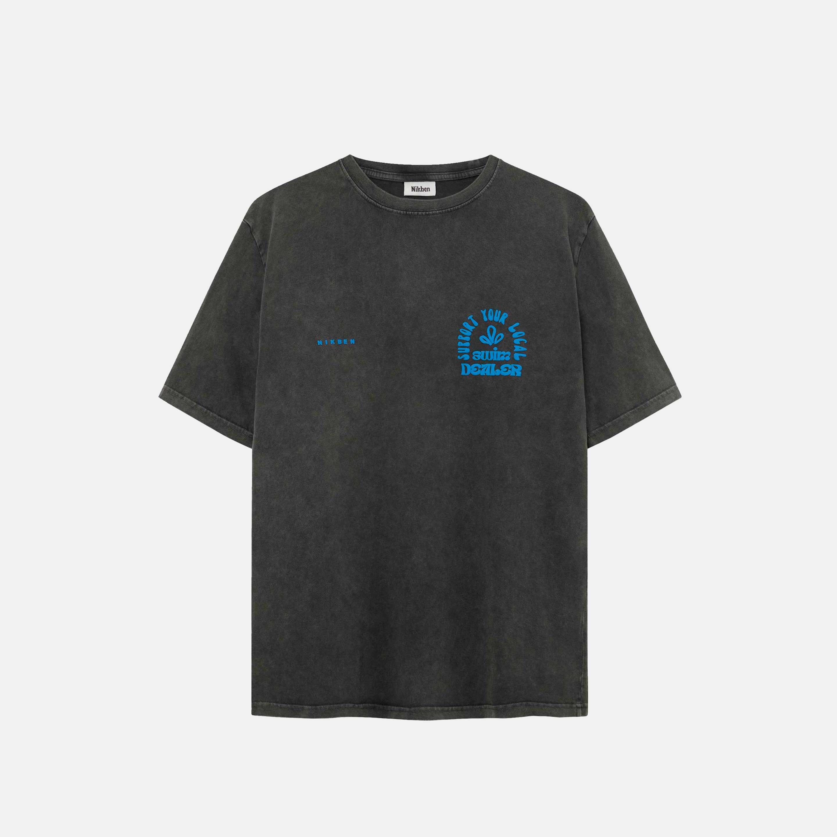 Washed black t-shirt with blue puffy print on the chest.