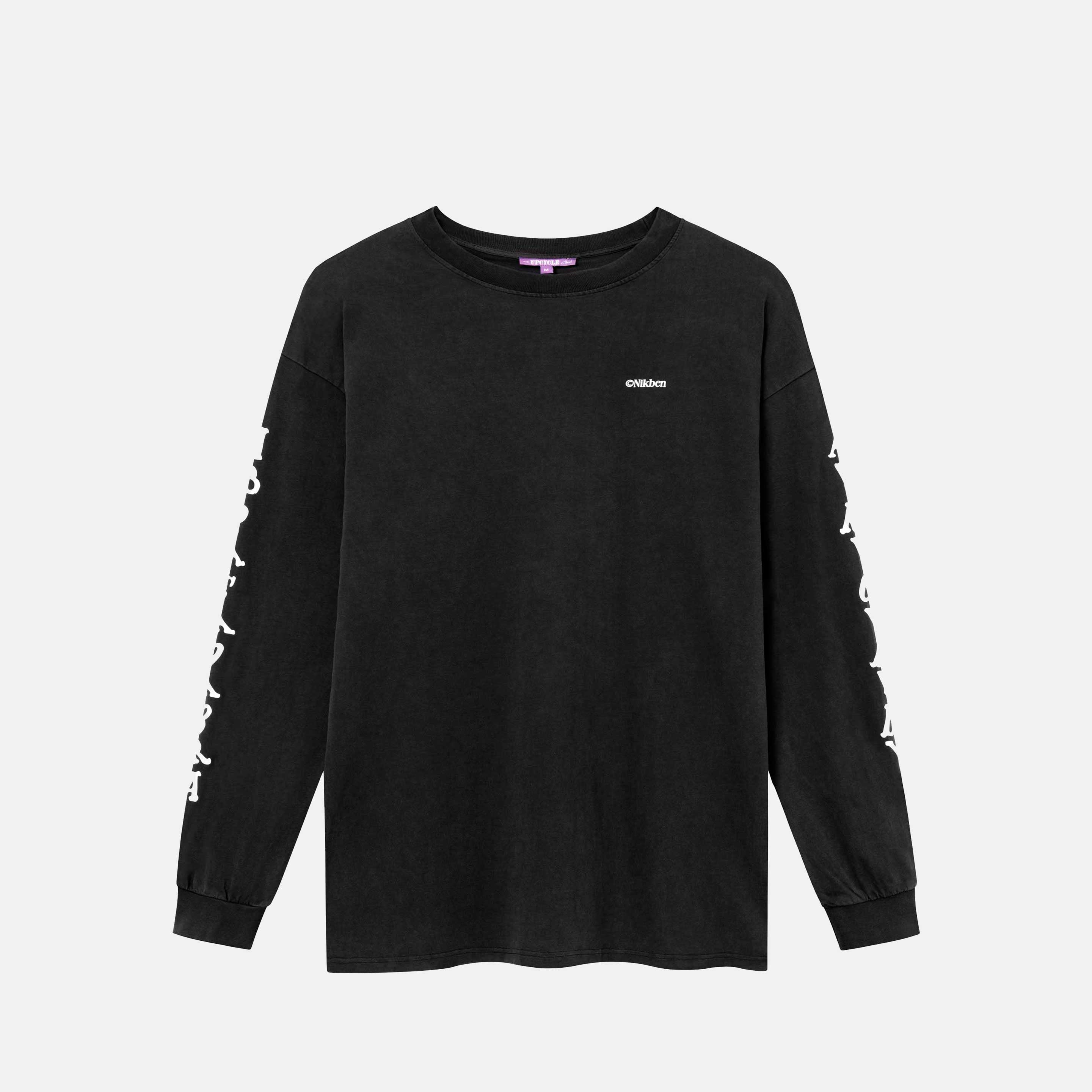 Black long-sleeved t-shirt with small white logo on the chest and white print on the sleeves.