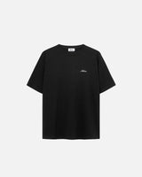 Black t-shirt with white script logo.