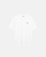White t-shirt with black script logo.