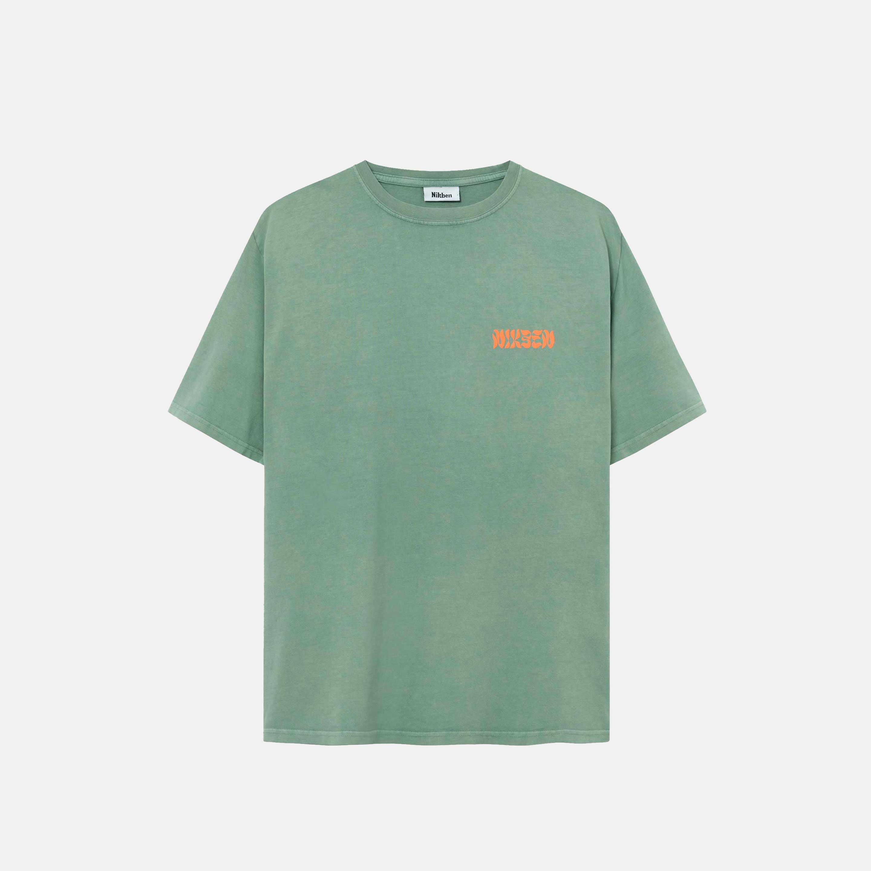 Green t-shirt with orange puffy "nikben" logo on the chest.