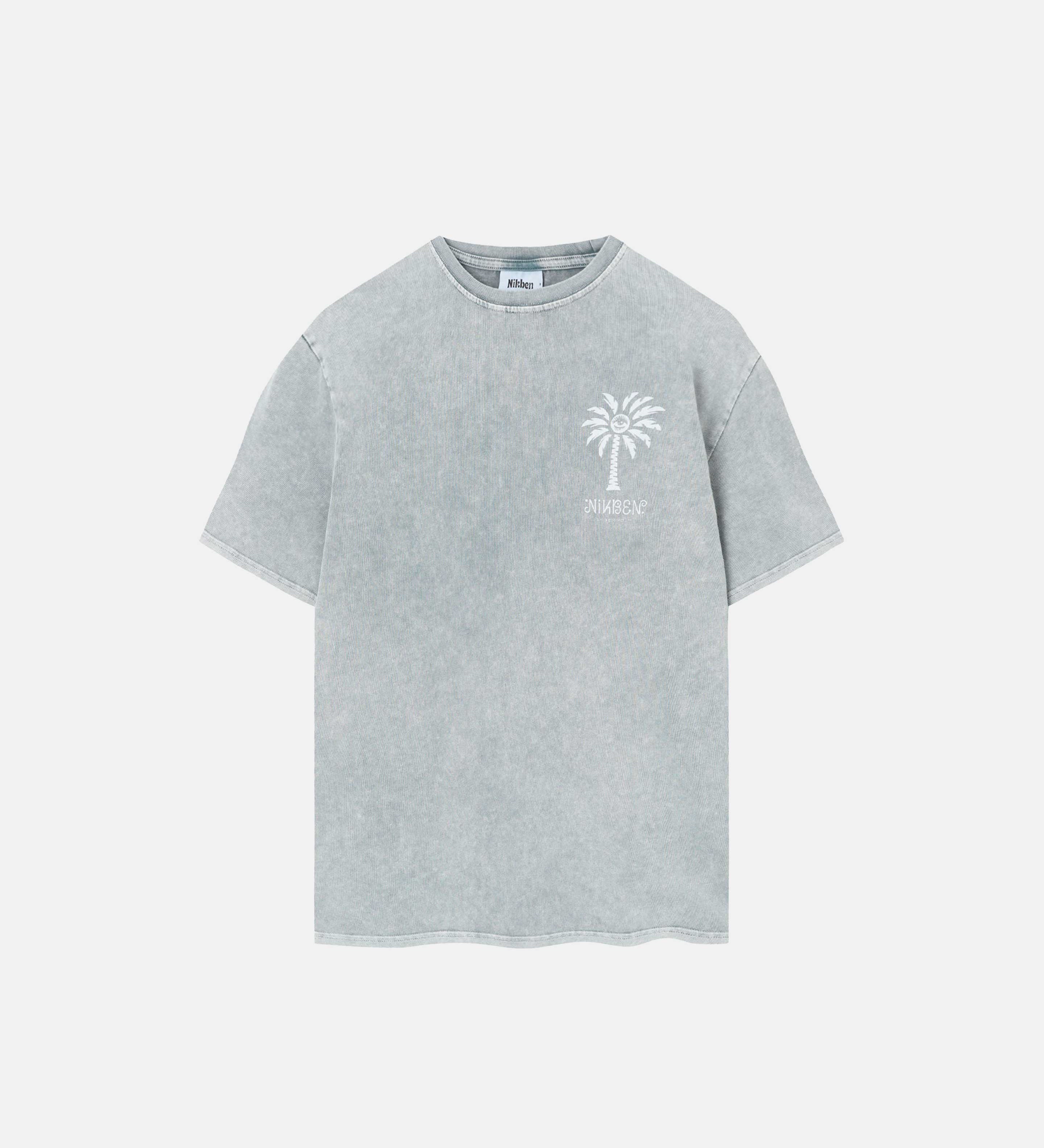 Grey t-shirt with a white palm print on the chest.