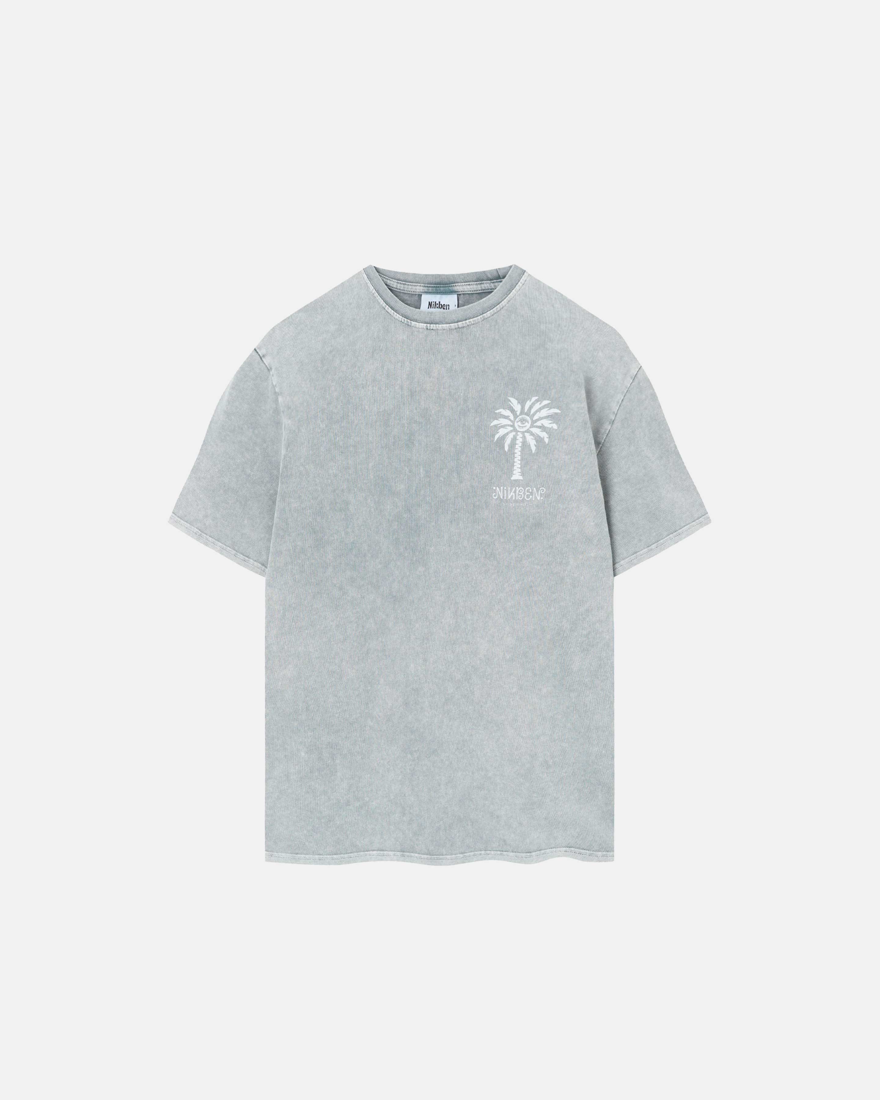 Grey t-shirt with a white palm print on the chest.