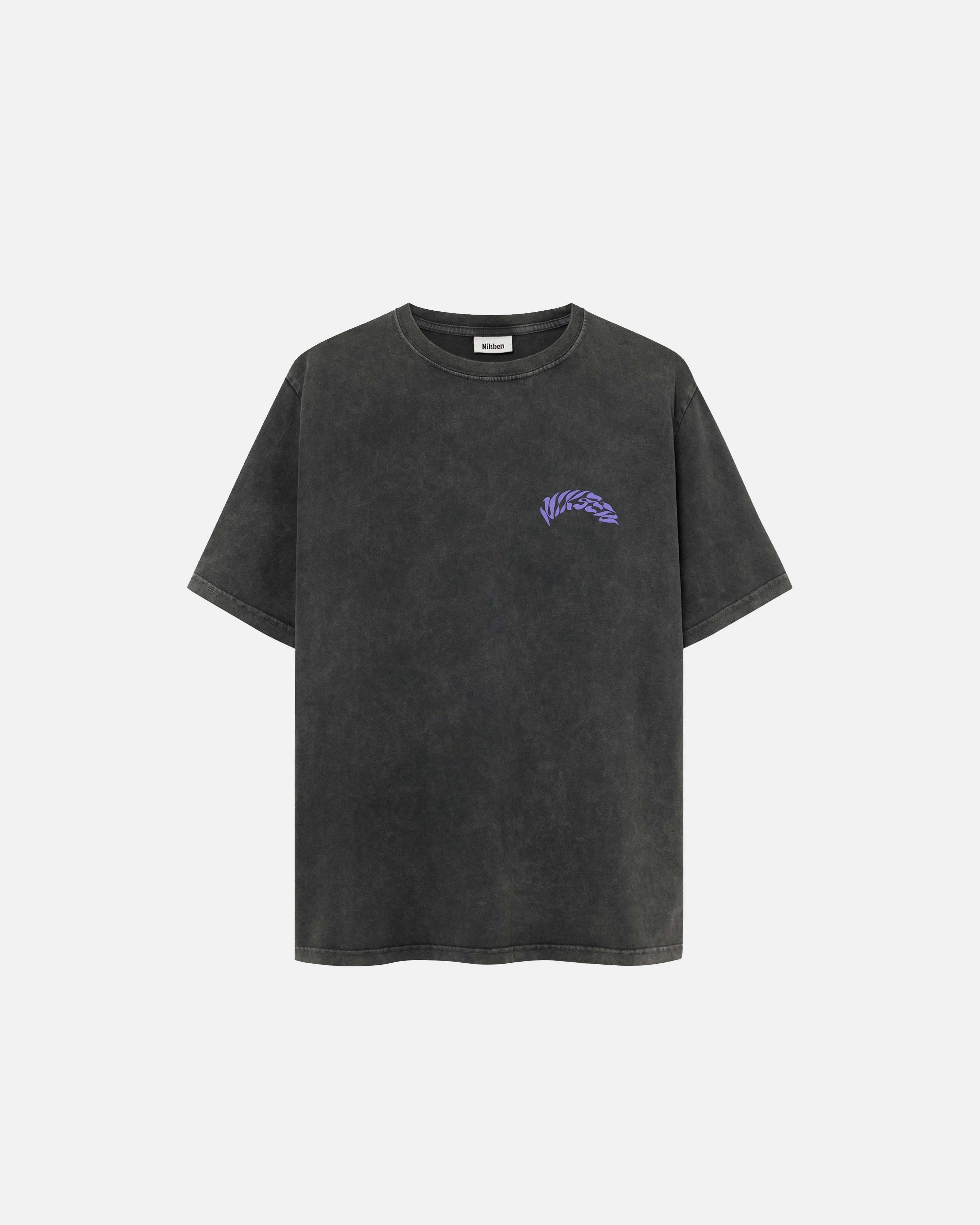 Washed black t-shirt with purple puffy "Nikben" logo in the chest.