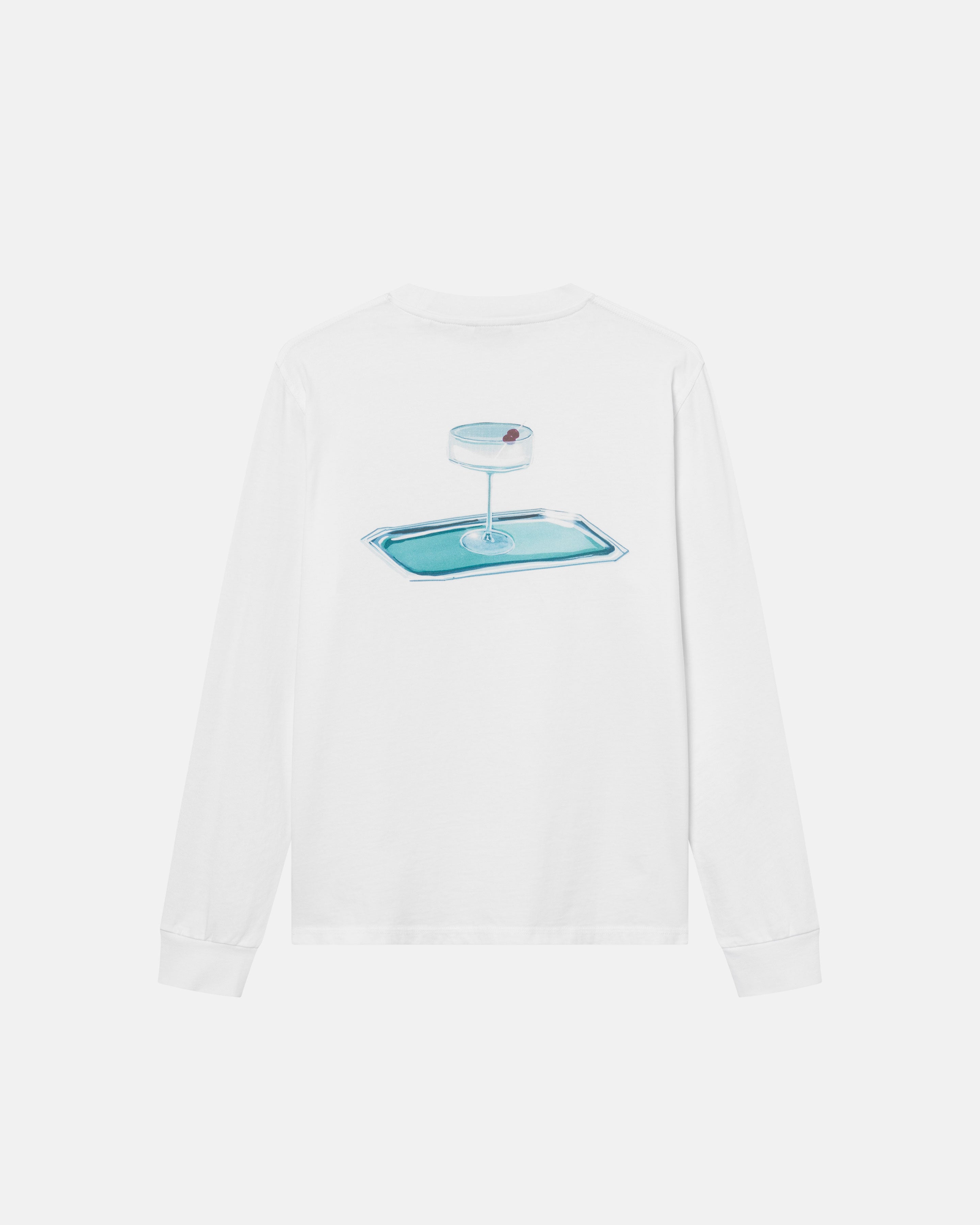 A white long-sleeved t-shirt with a cocktail glass print on its back
