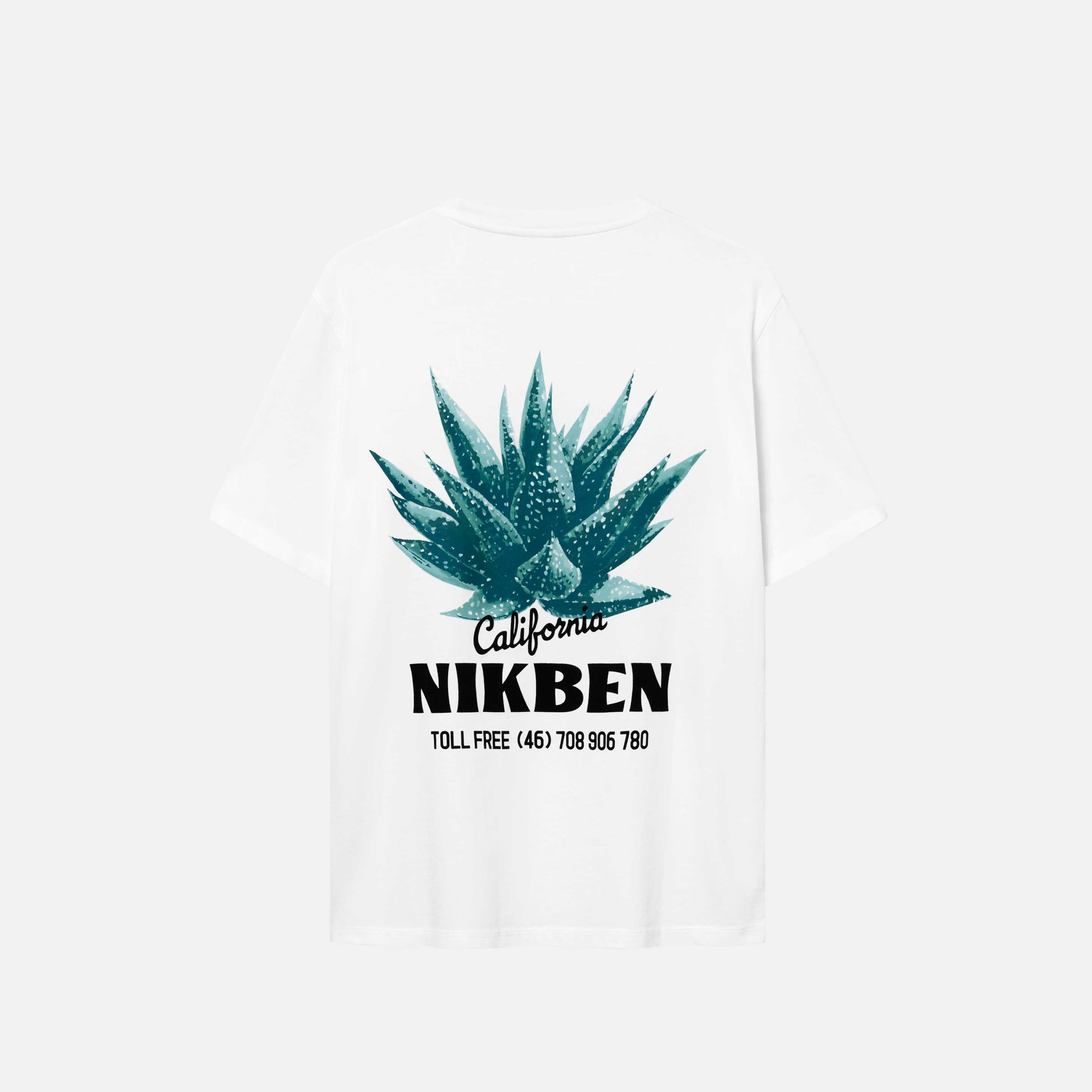 White t-shirt with a black Nikben logo, California text and a large aloe vera print on the back of a white t-shirt