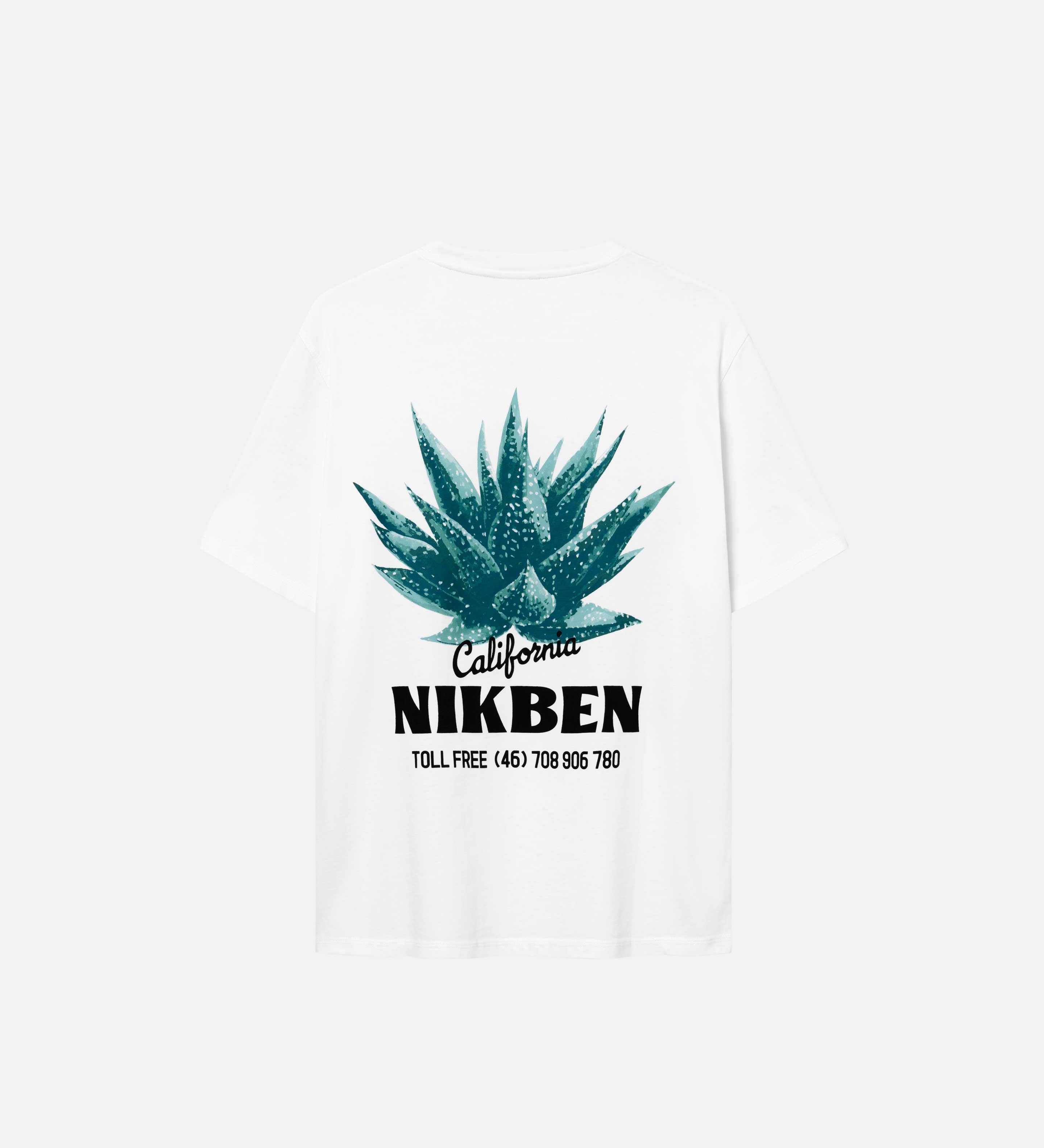 White t-shirt with a black Nikben logo, California text and a large aloe vera print on the back of a white t-shirt