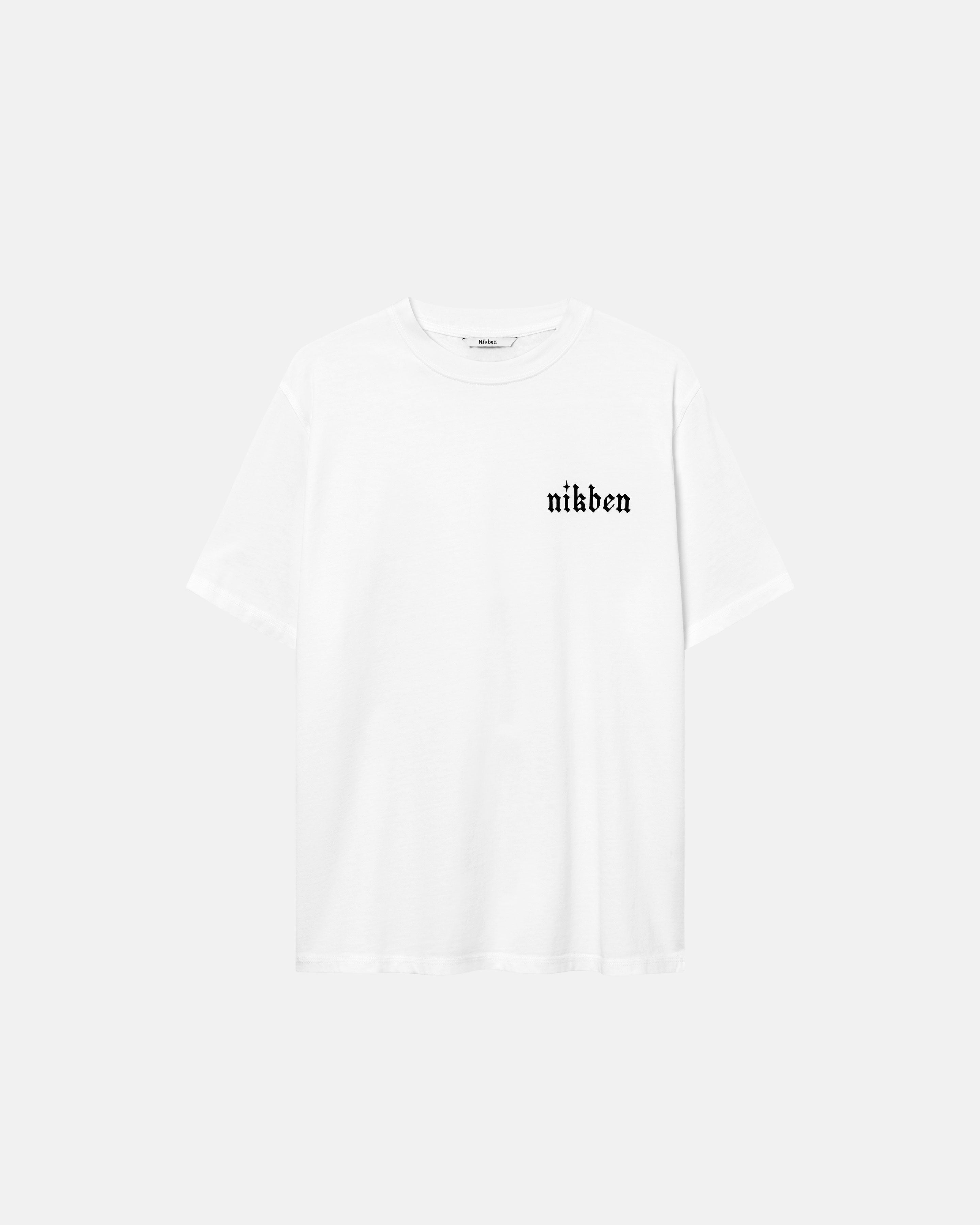 White t-shirt with a black Nikben logo on the chest