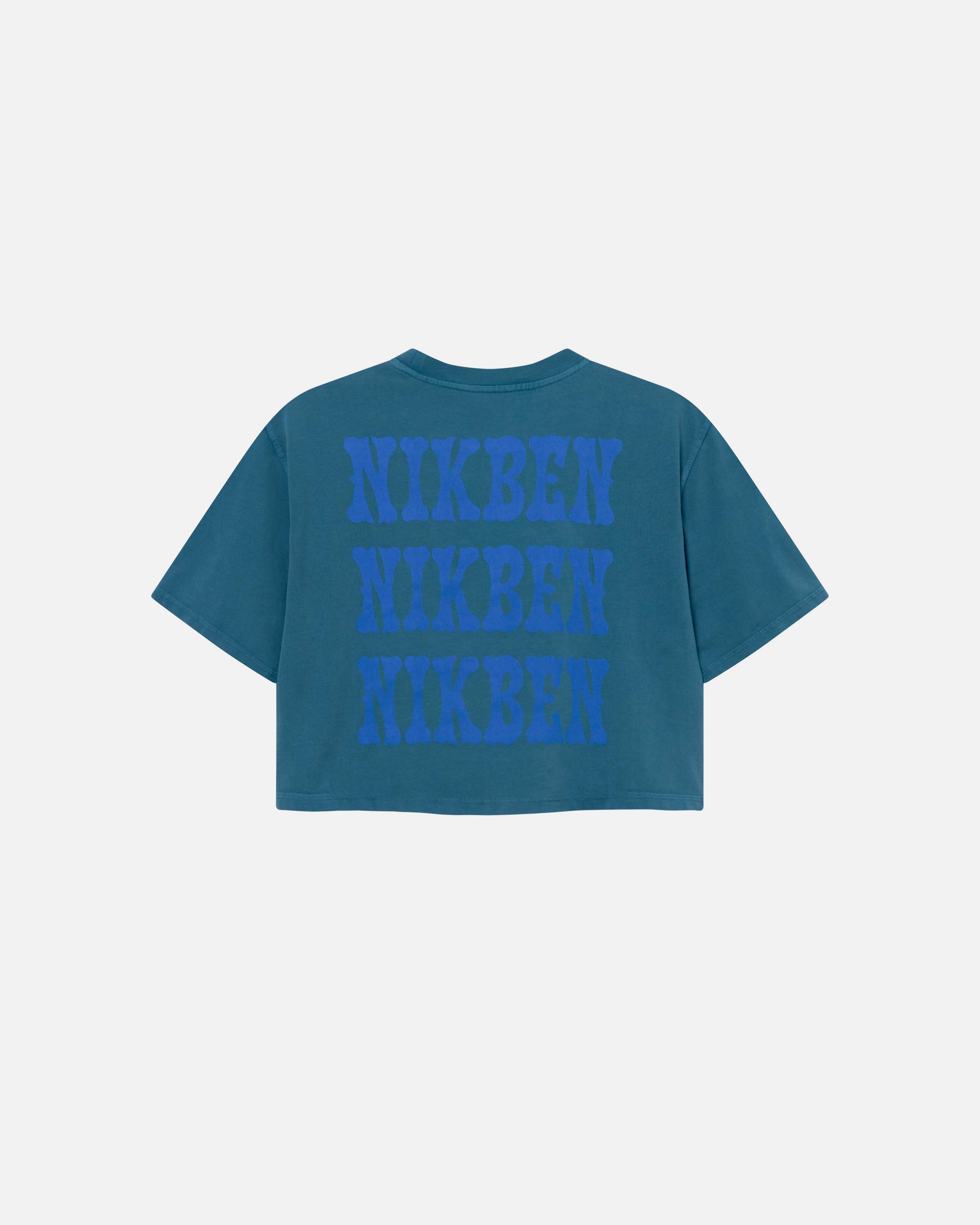 A navy blue t-shirt with three blue large Nikben logos on its back