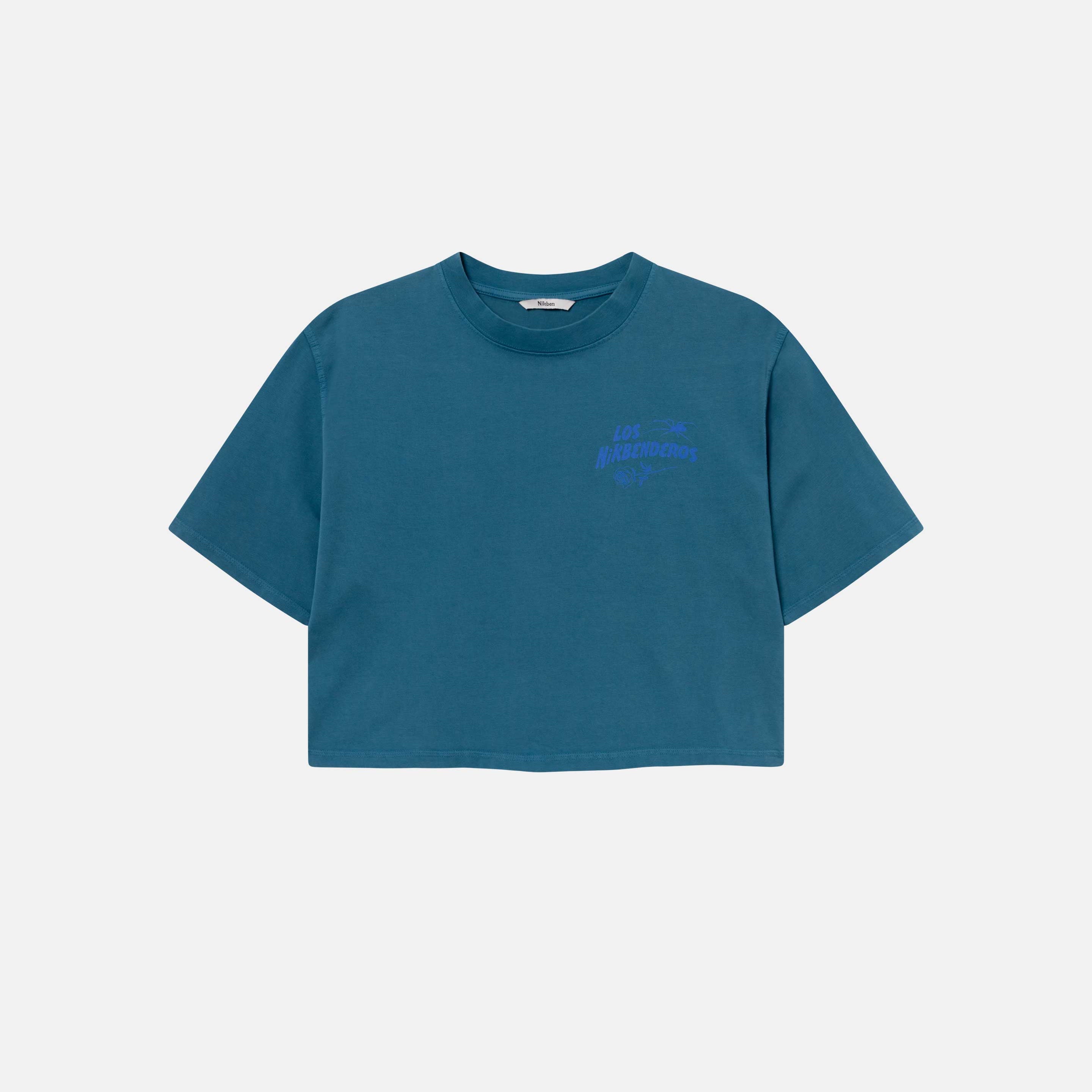 A navy blue cropped t-shirt blue "Los Nikbenderos" chest print