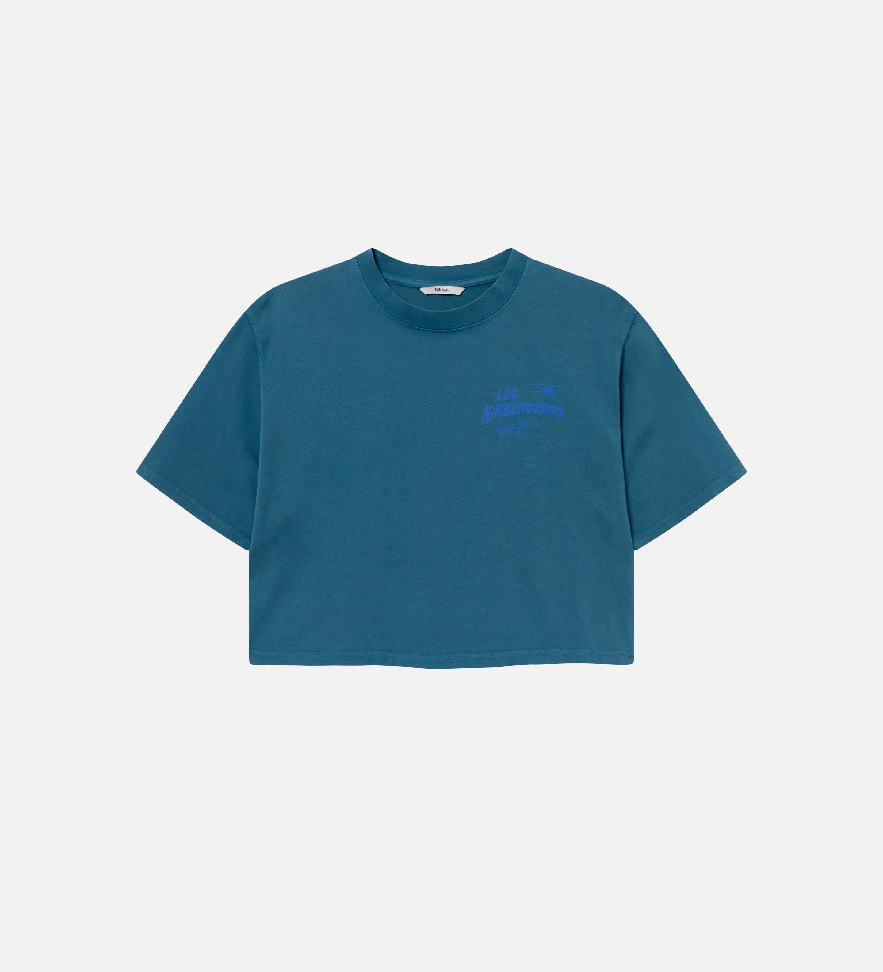 A navy blue cropped t-shirt blue "Los Nikbenderos" chest print