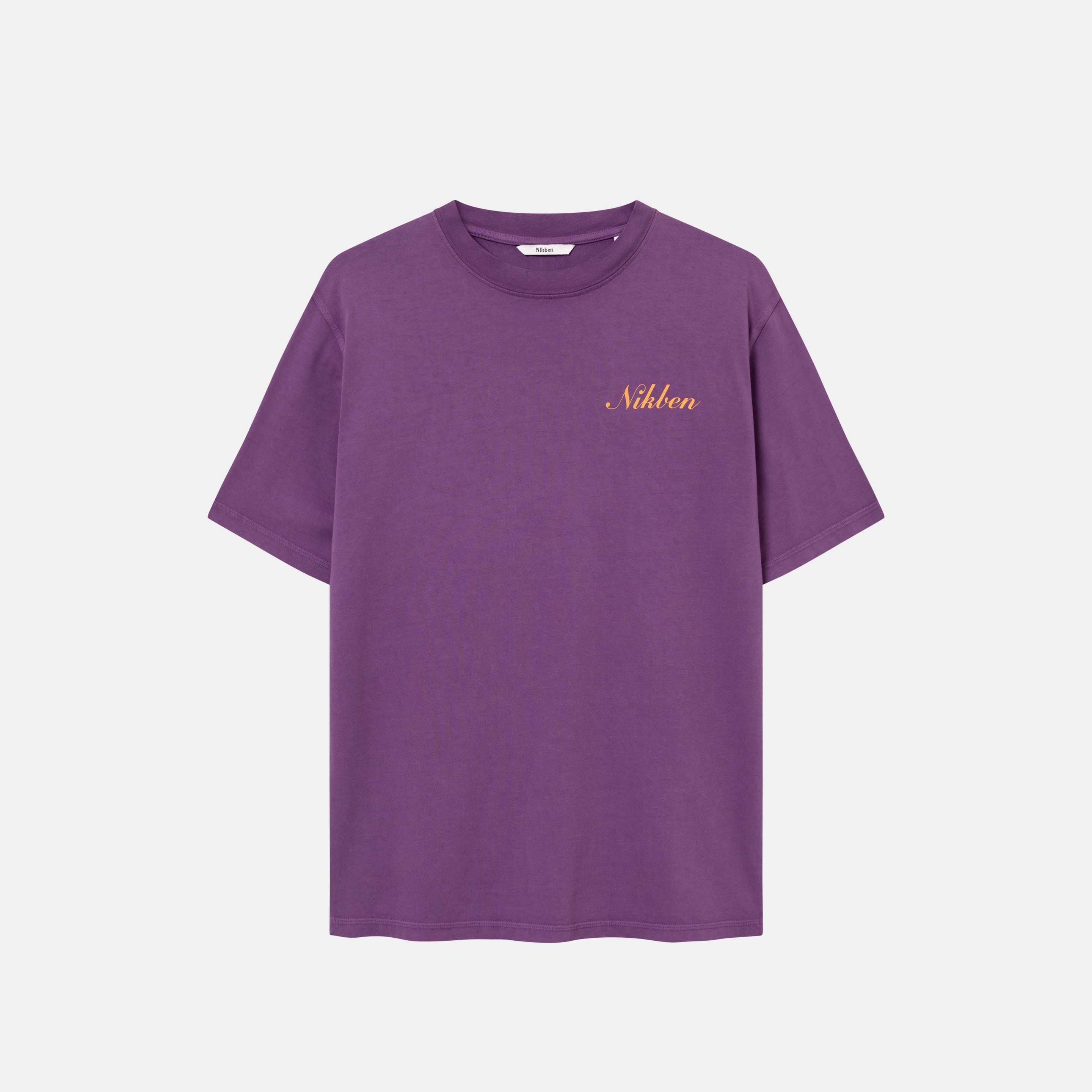 A purple t-shirt with an orange Nikben script logo on its chest