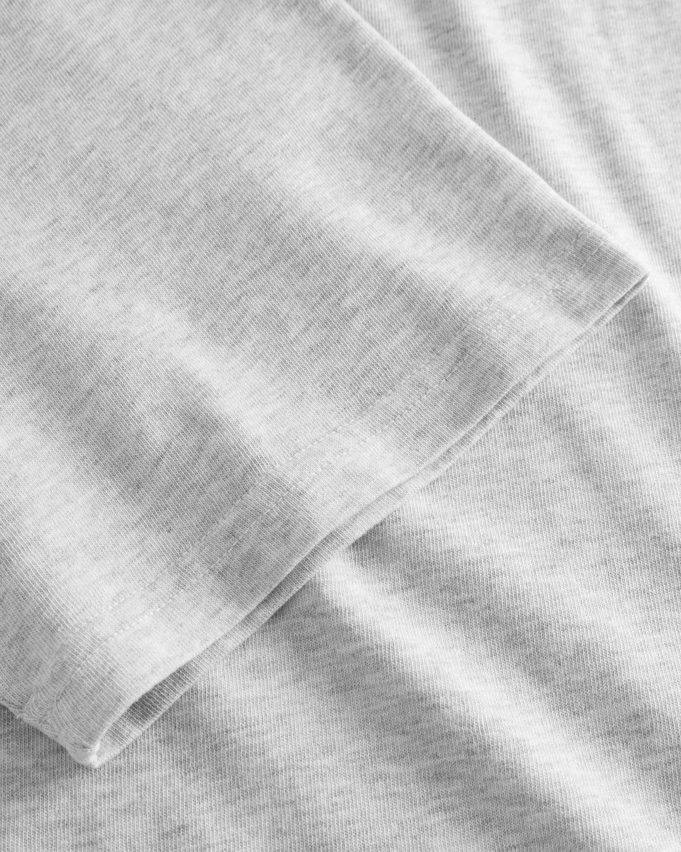 Close-up view of the stitchings on a grey t-shirt