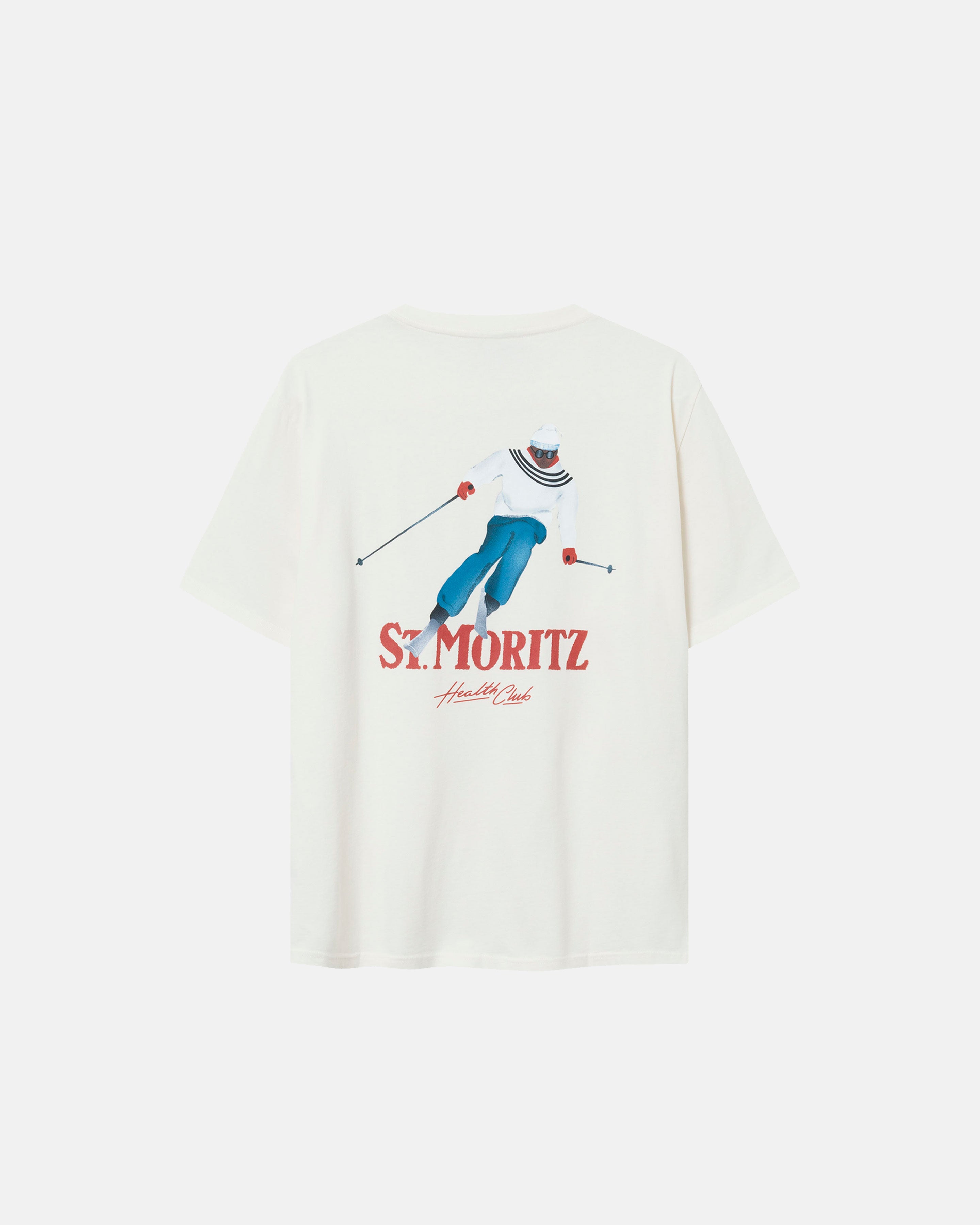 Back view of an off white t-shirt with a skier silhouette and red 