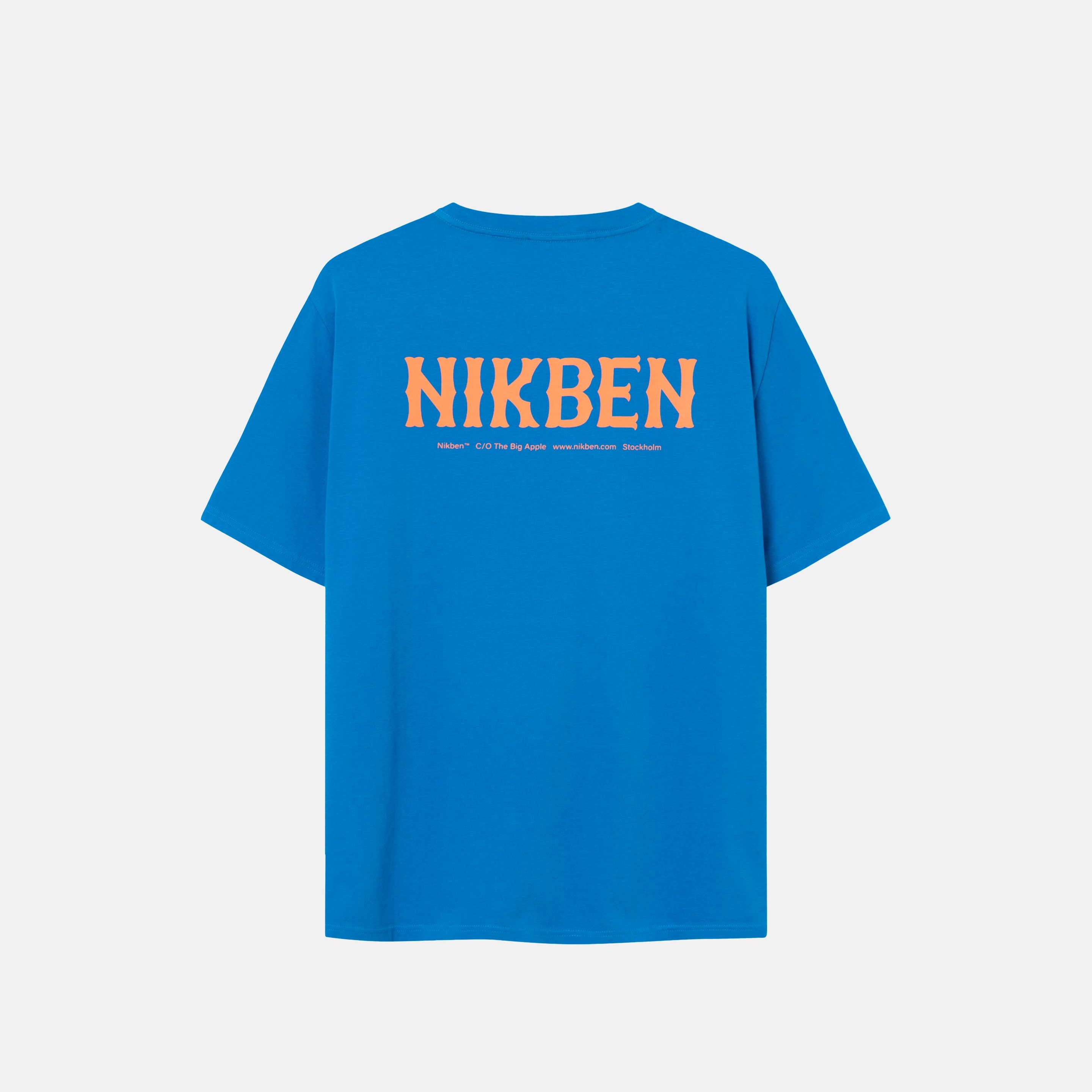 Back view of blue t-shirt with orange "Nikben" text print.