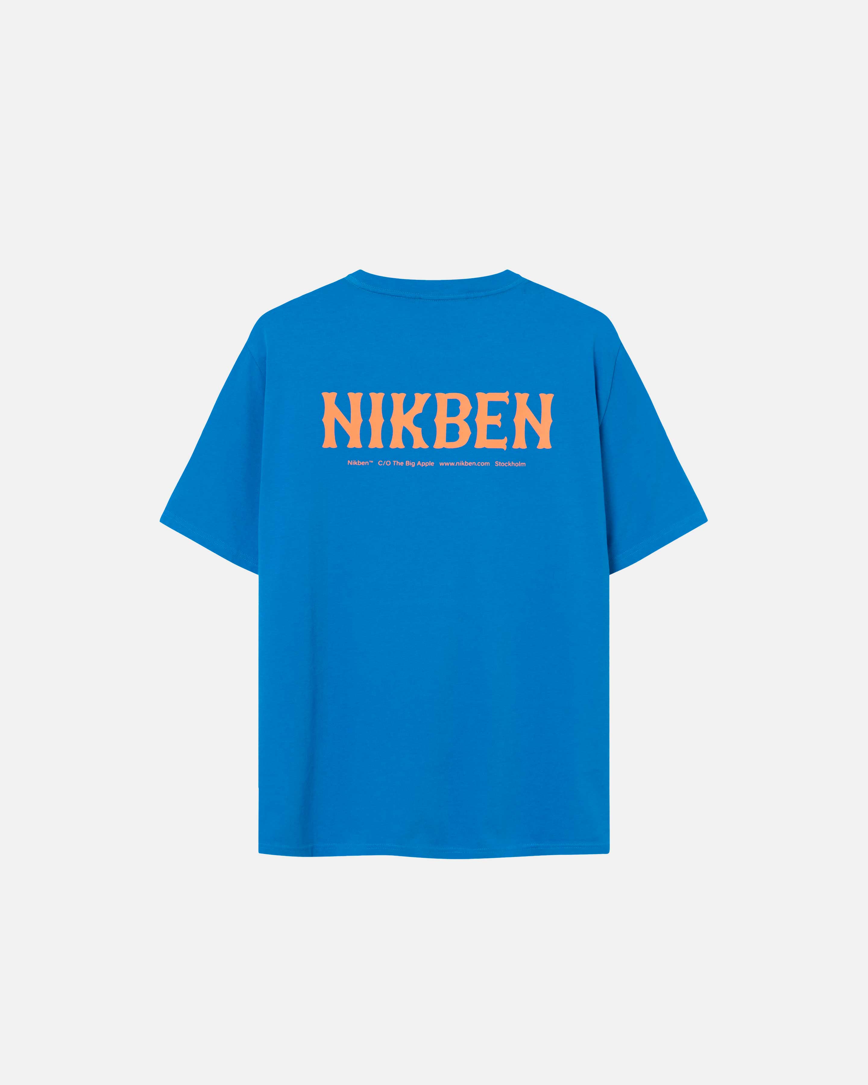 Back view of blue t-shirt with orange 